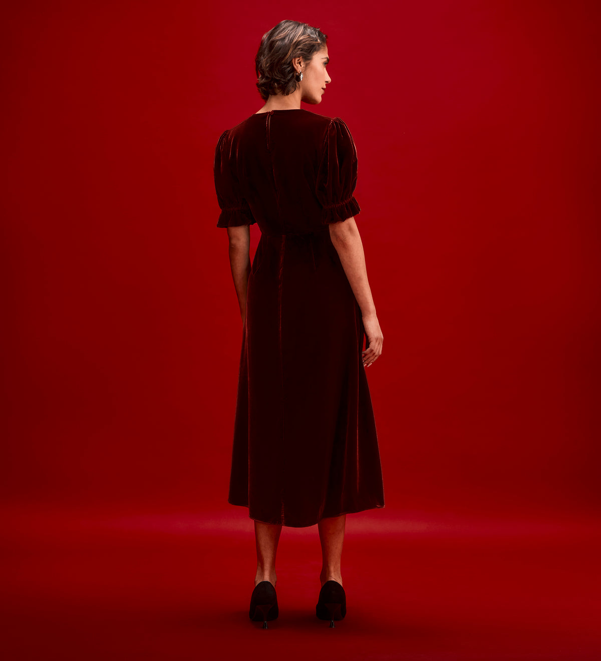 Mela Burgundy Velvet Midi Tea Dress