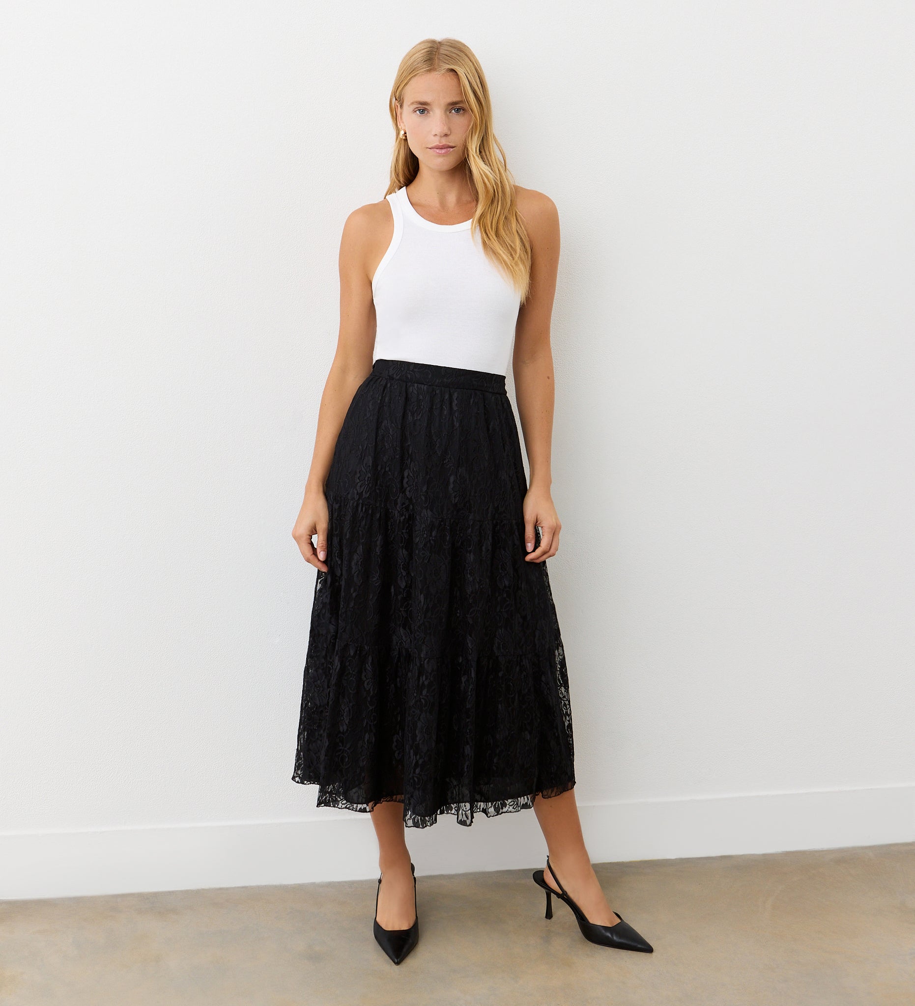 Abbie Black Lace Midi Skirt – Finery London