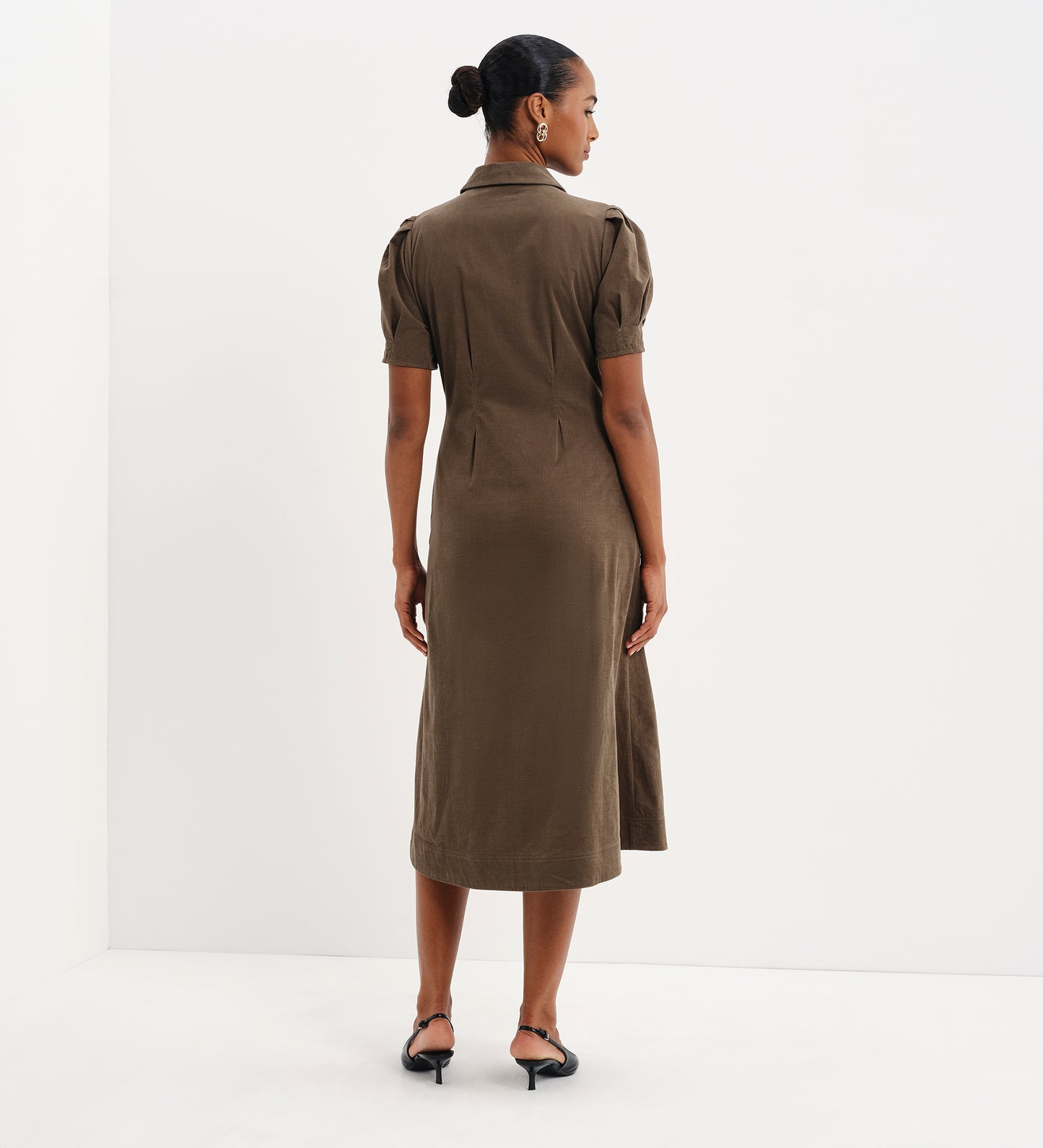 Anika Khaki Corduroy Puff Sleeve Midi Shirt Dress