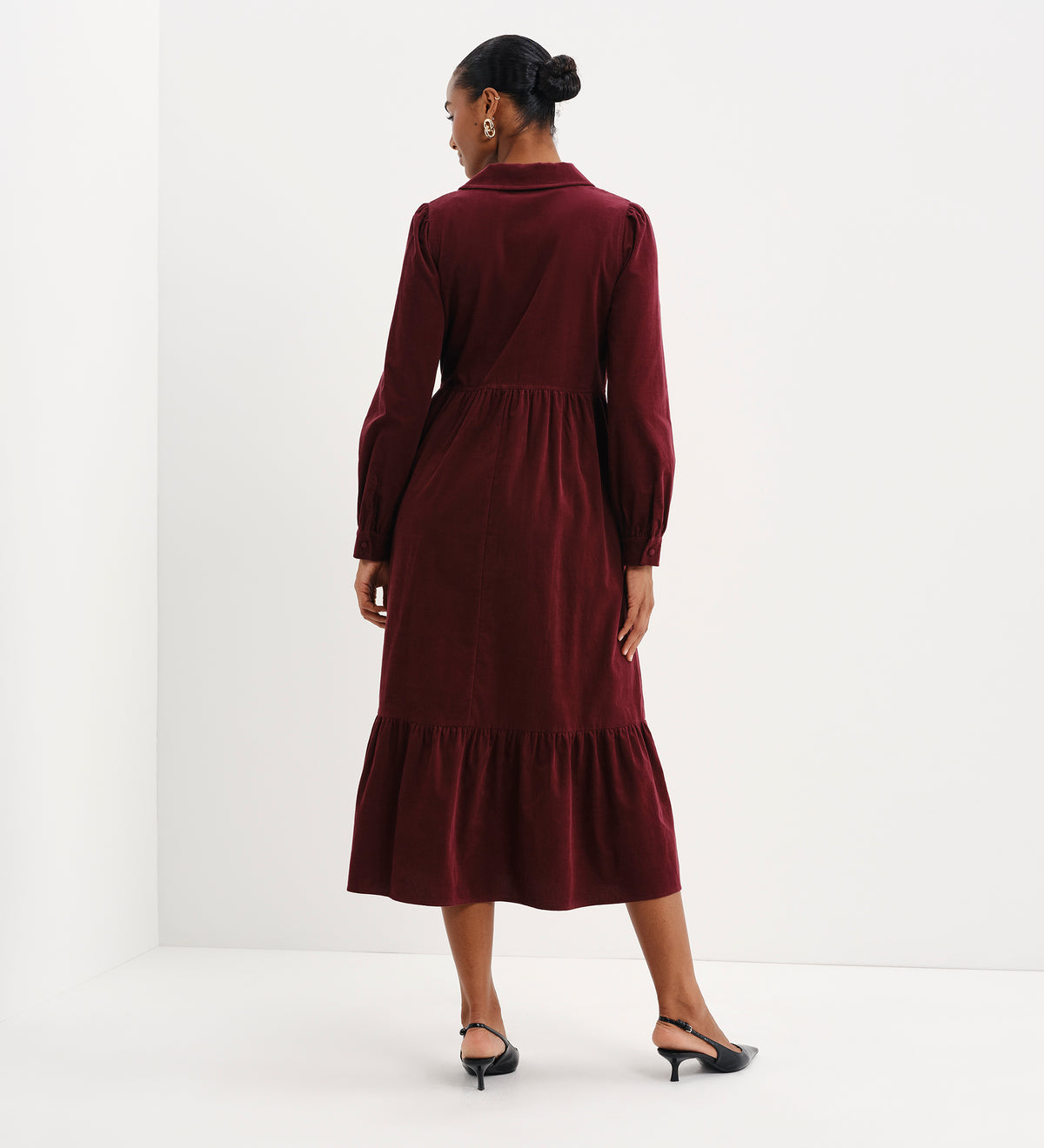 Callie Burgundy Corduroy Zip Front Tiered Midi Dress