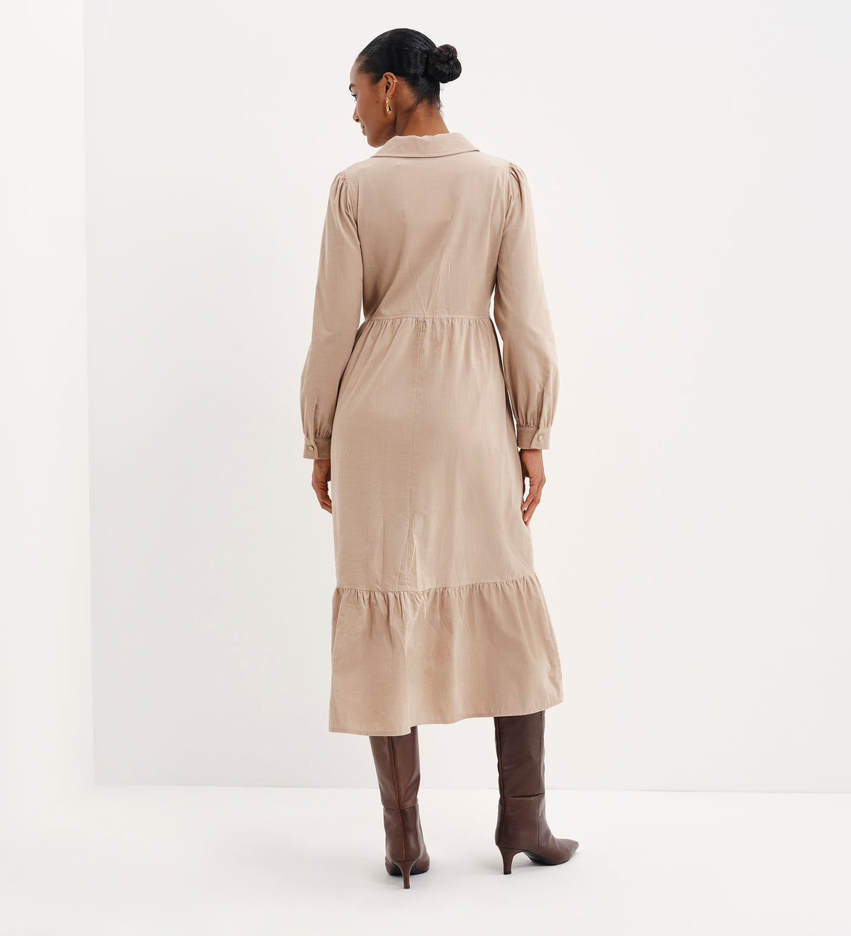 Callie Sand Corduroy Zip Front Tiered Midi Dress