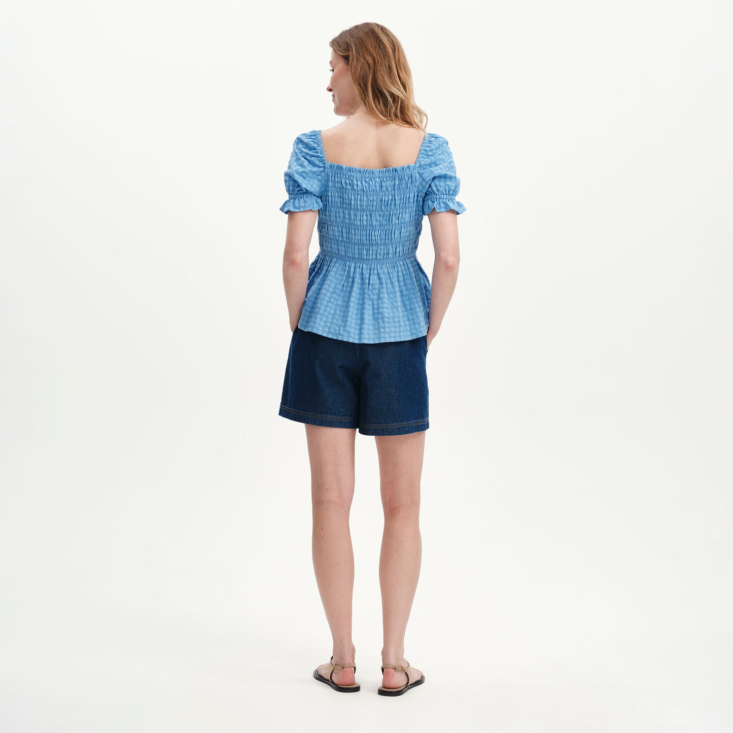 Cynthia Blue Gingham Seersucker Shirred Puff Sleeve Top