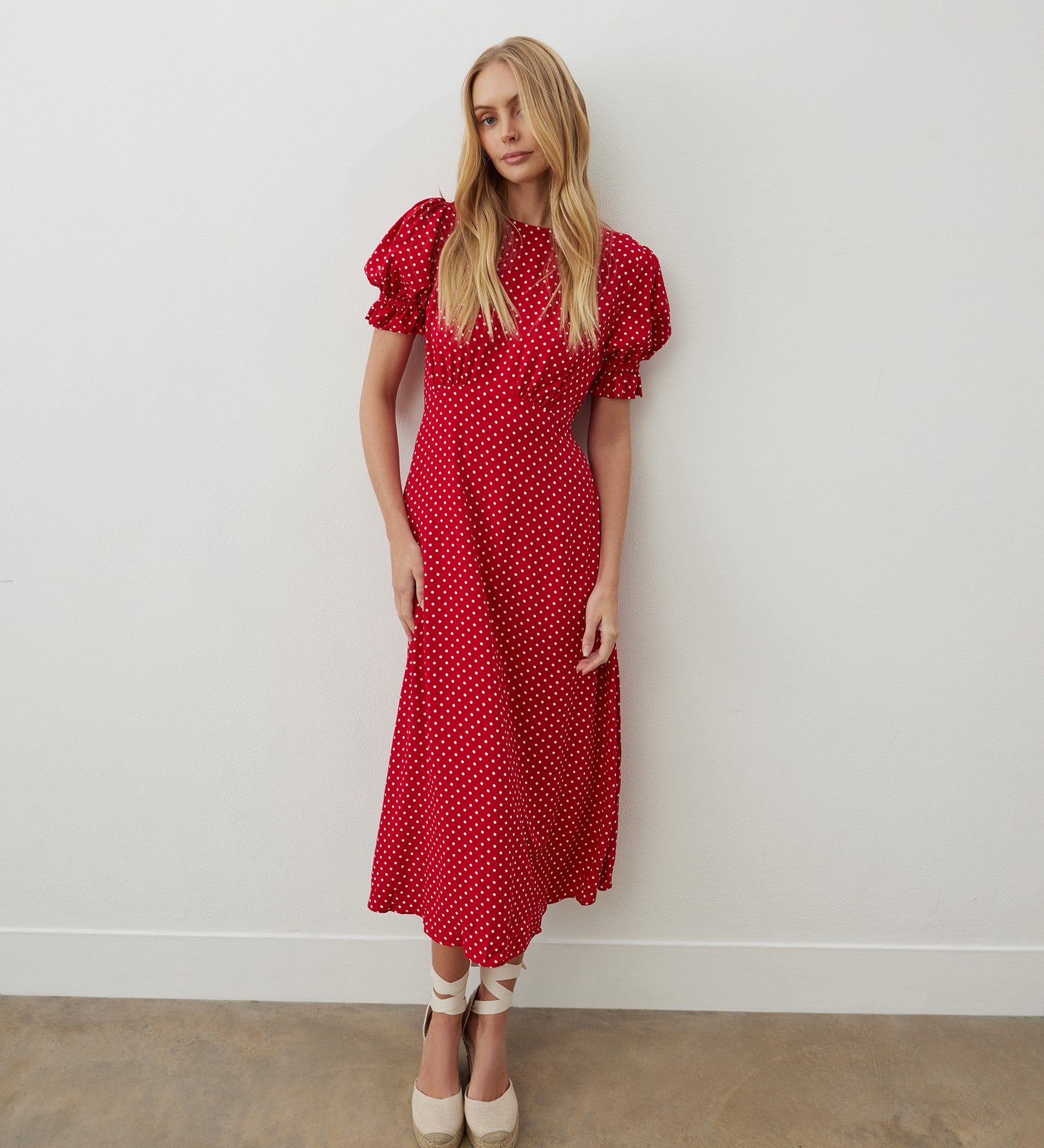 Mela Red Polka Dot Crepe Midi Dress – Finery London