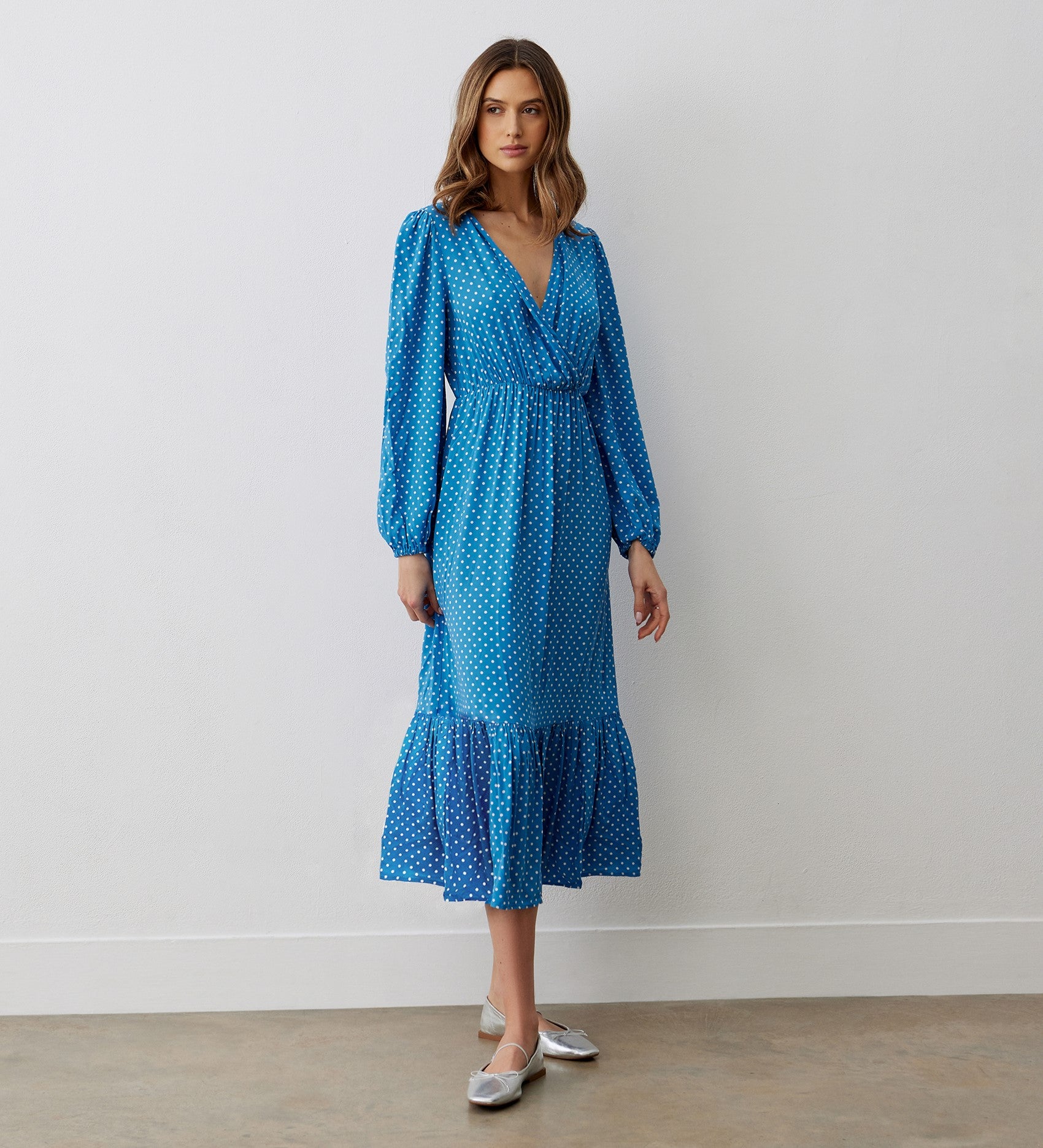 Suzie Blue Polka Dot Midi Dress – Finery London