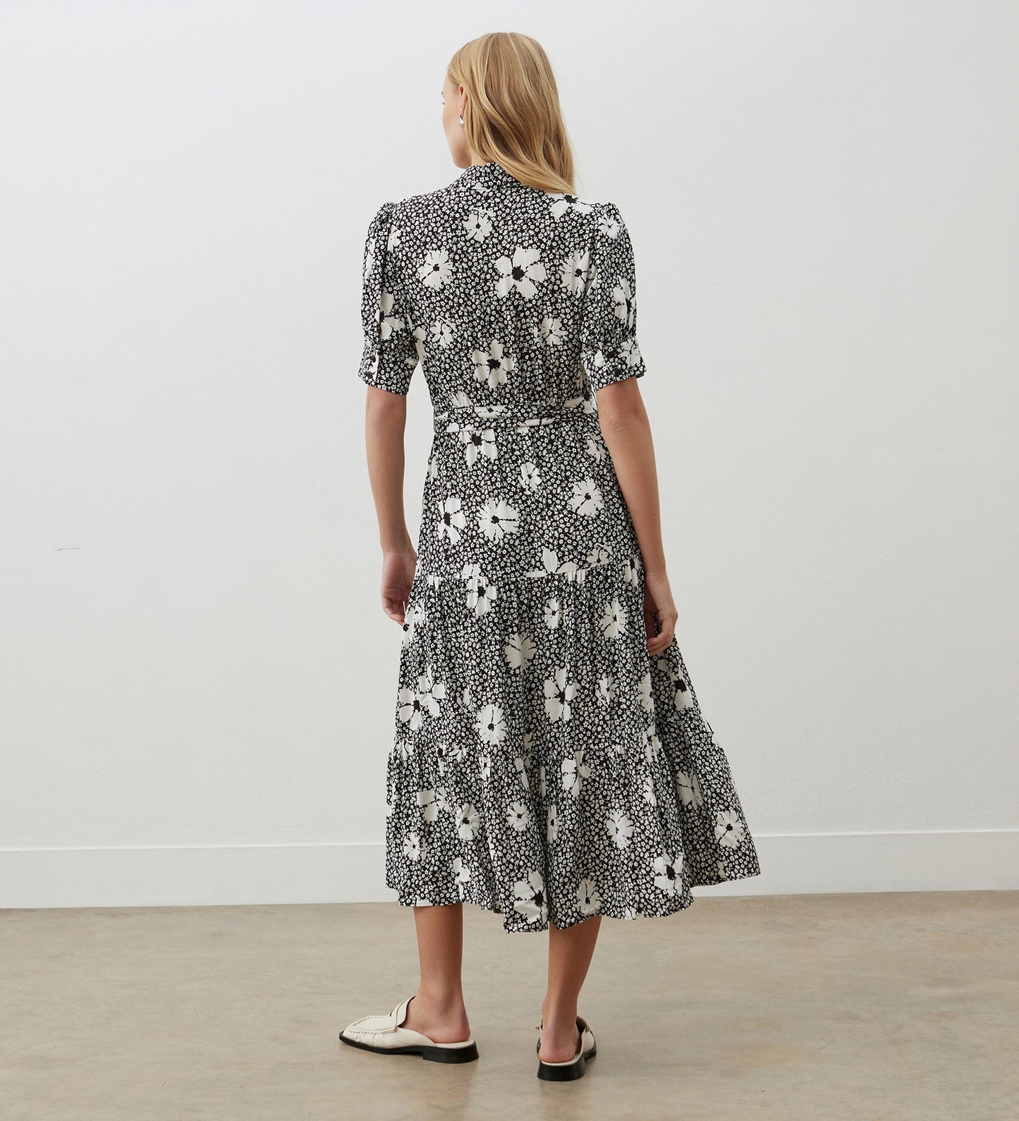 Estelle Black Flowers Midi Shirt Dress