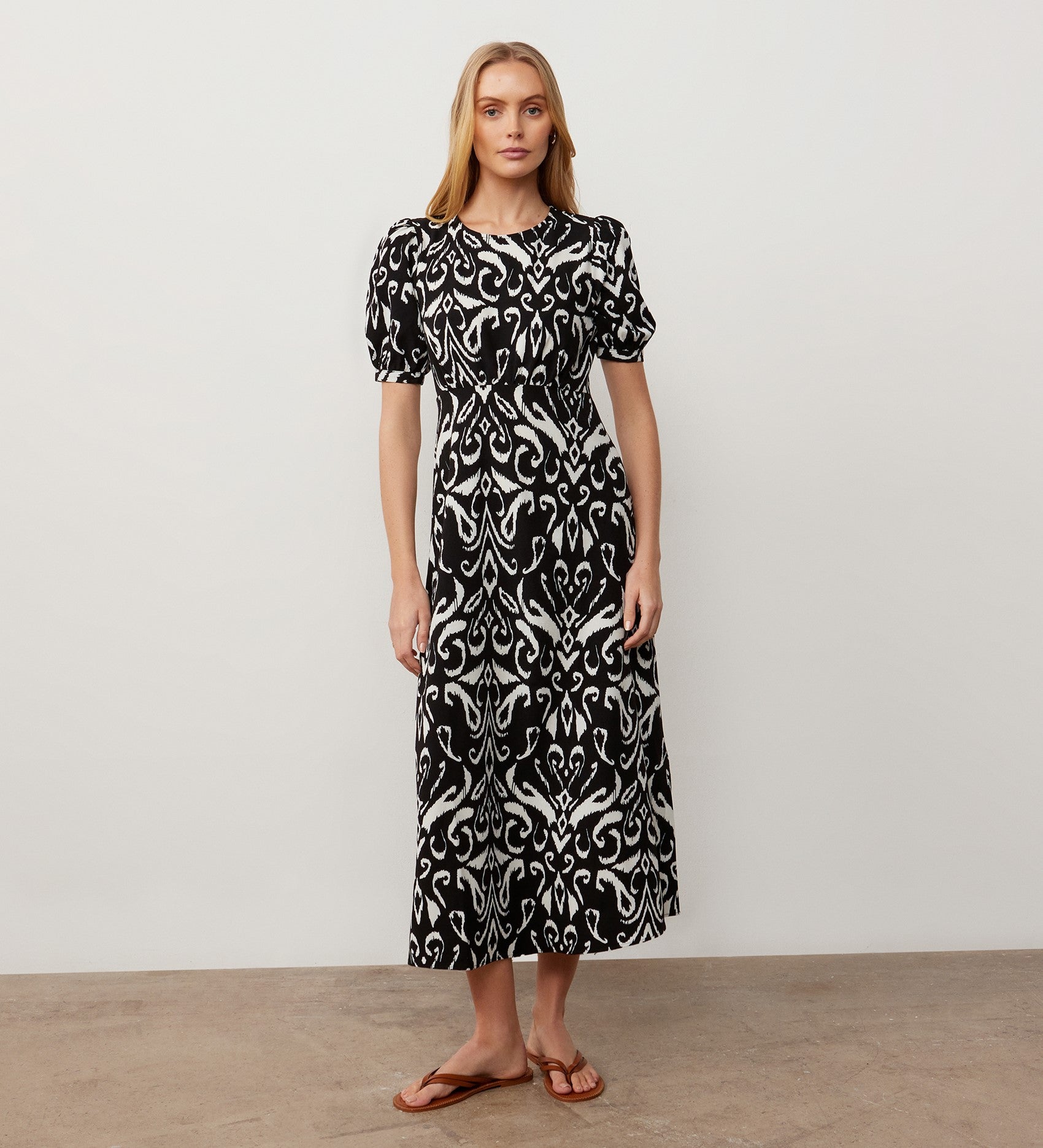 Daphne Black Tribal Crepe Midi Dress – Finery London