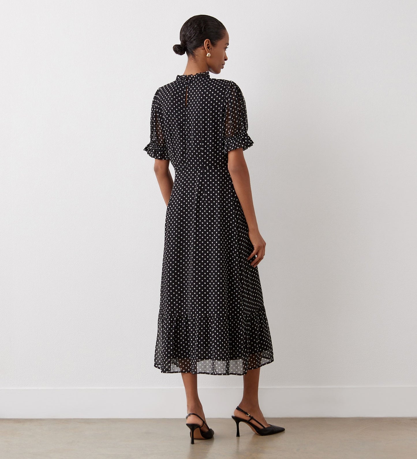 Camille Black Polka Dot Chiffon Midi Dress