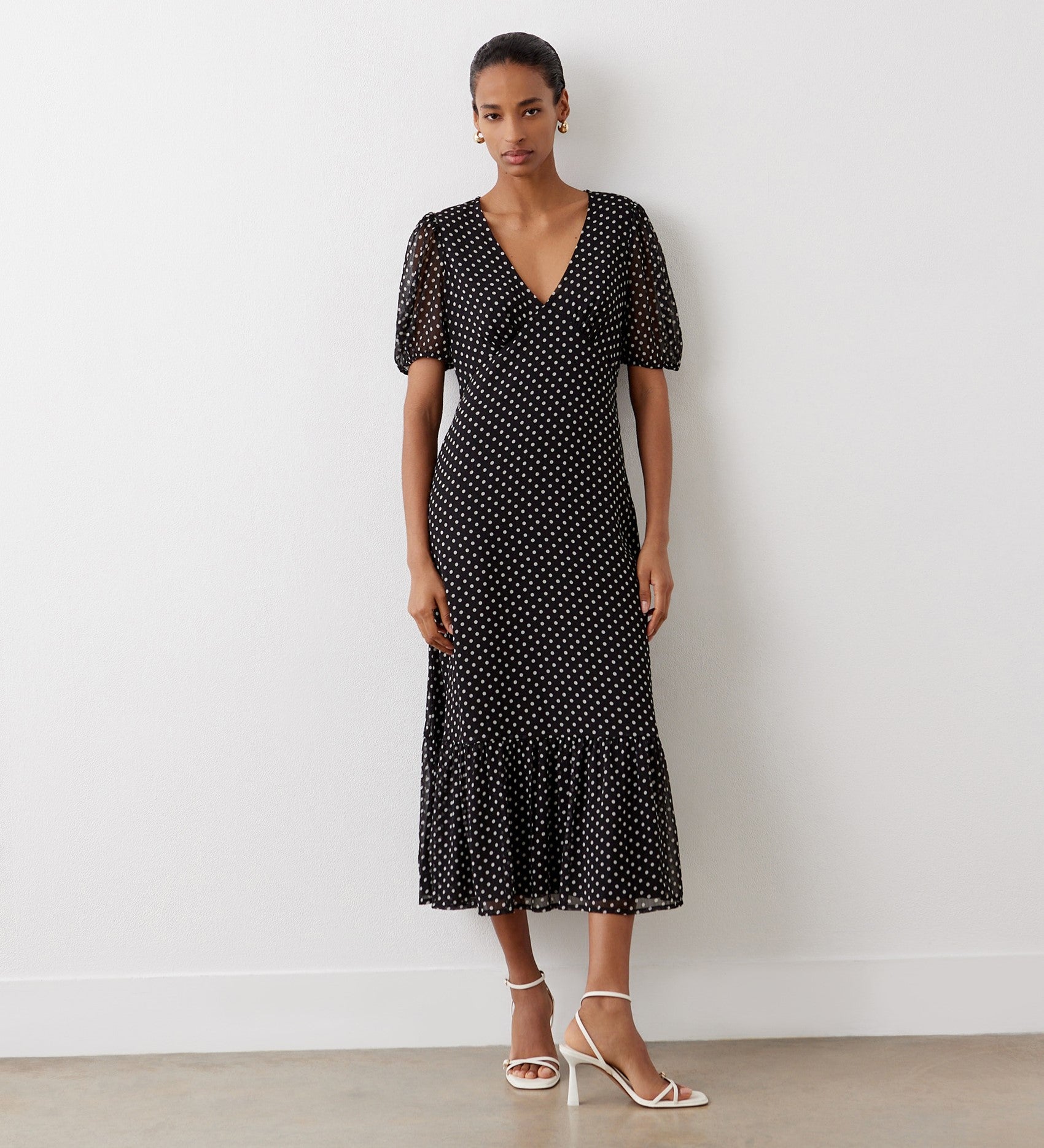Loretta Black Polka Dot Chiffon Midi Dress – Finery London