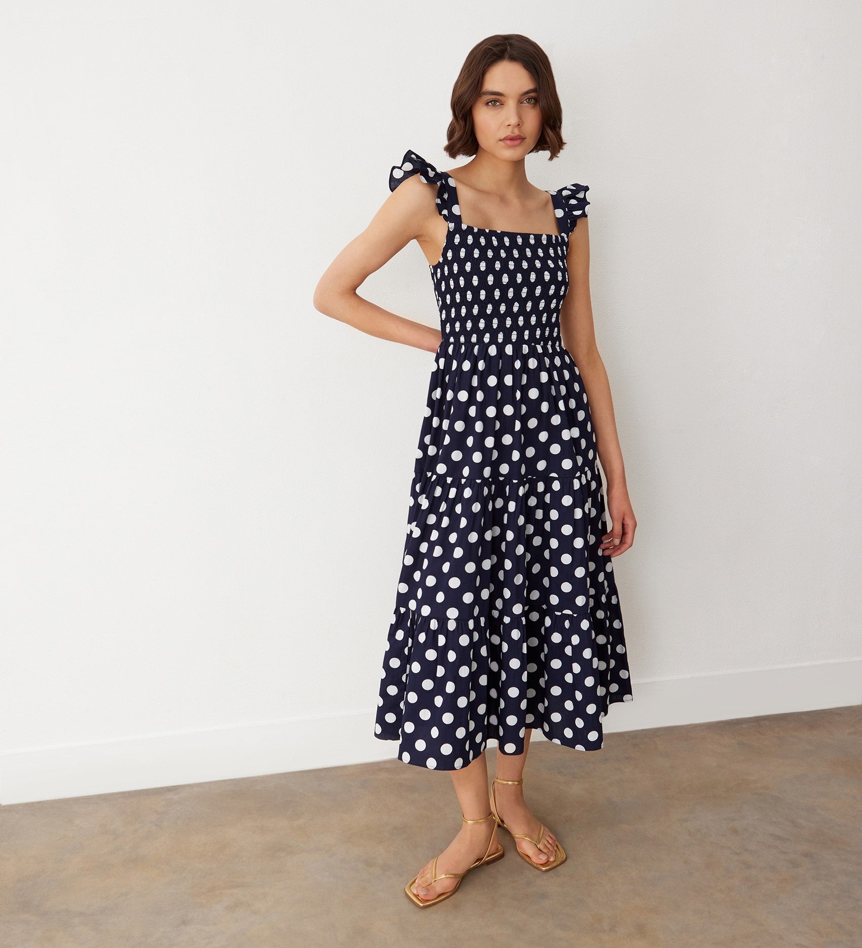 Aurena Navy Polka Dot Cotton Midi Sundress – Finery London