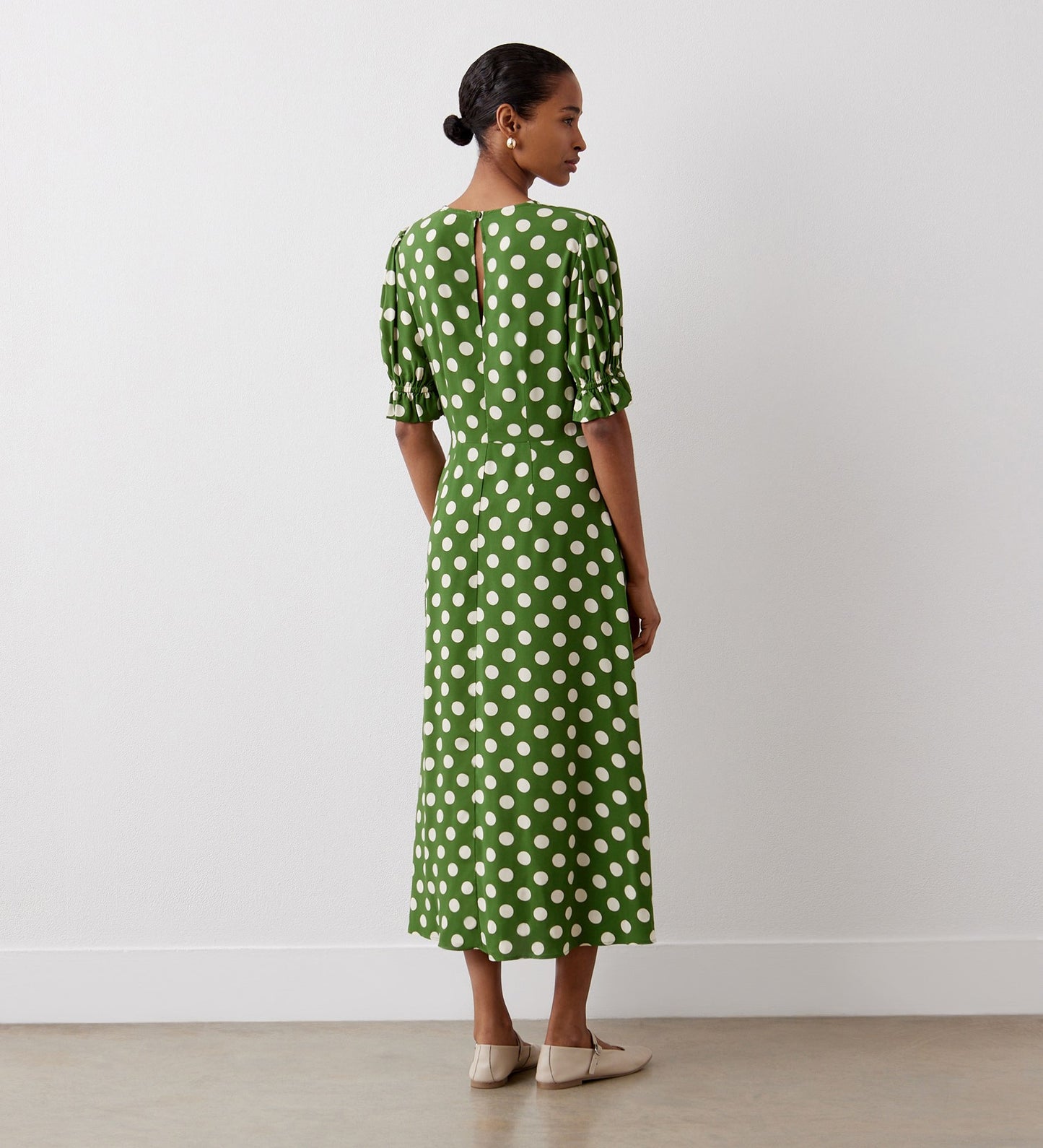 Mela Khaki Polka Dot Crepe Midi Dress