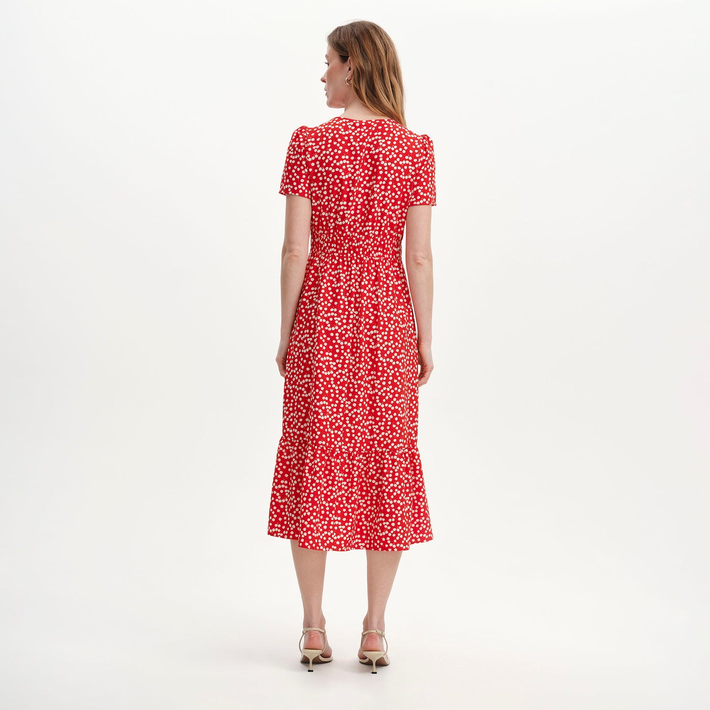 Deena Red Cherry Polka Dot Wrap Tiered Midi Dress