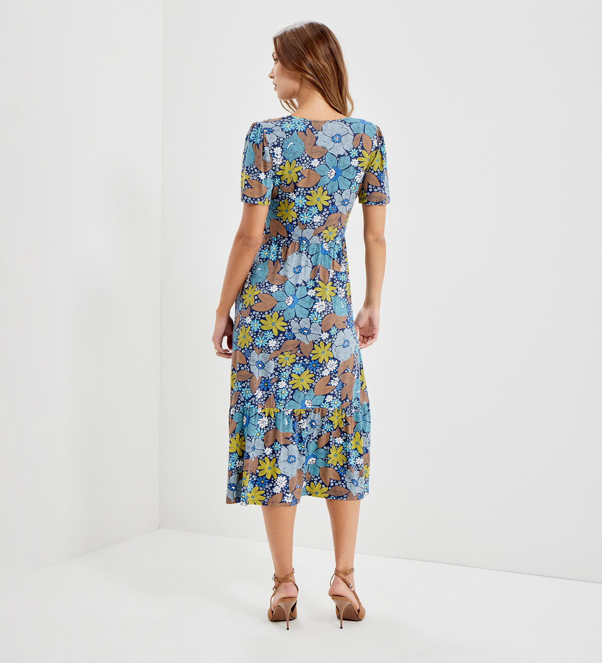 Edith Blue Floral Jersey Button-Through V Neck Tiered Midi Dress