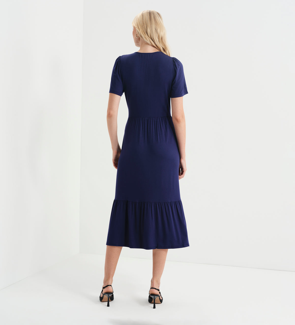 Edith Navy Jersey Button-Through V Neck Tiered Midi Dress