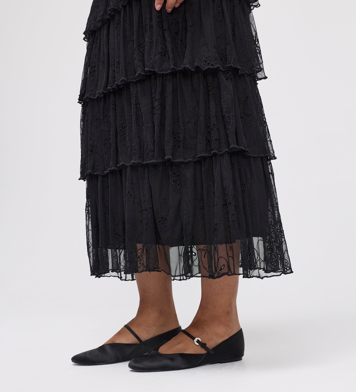 Elisa Black Mesh Midi Tiered Skirt