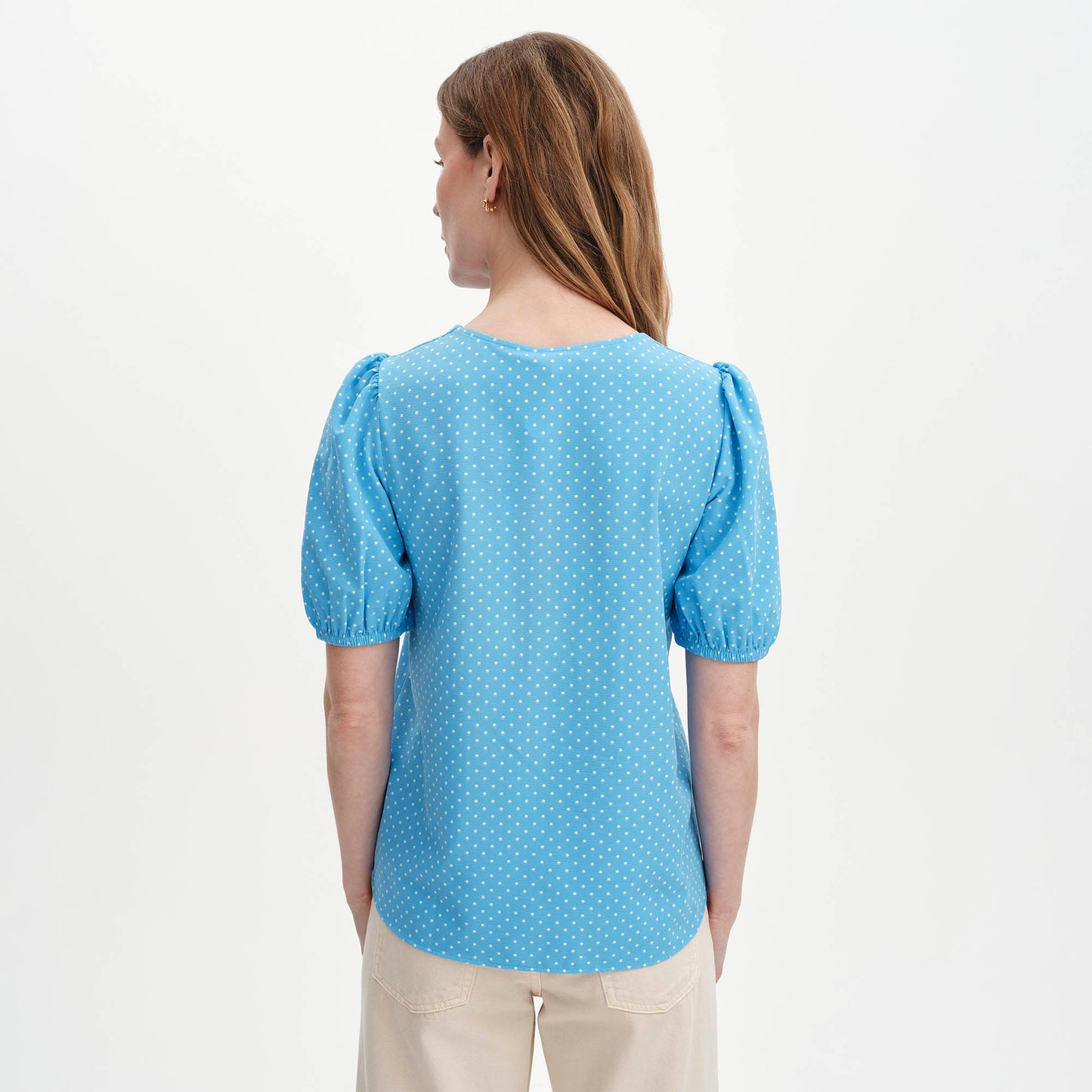 Fleur Blue Polka Dot Puff Sleeve Button-Through Top