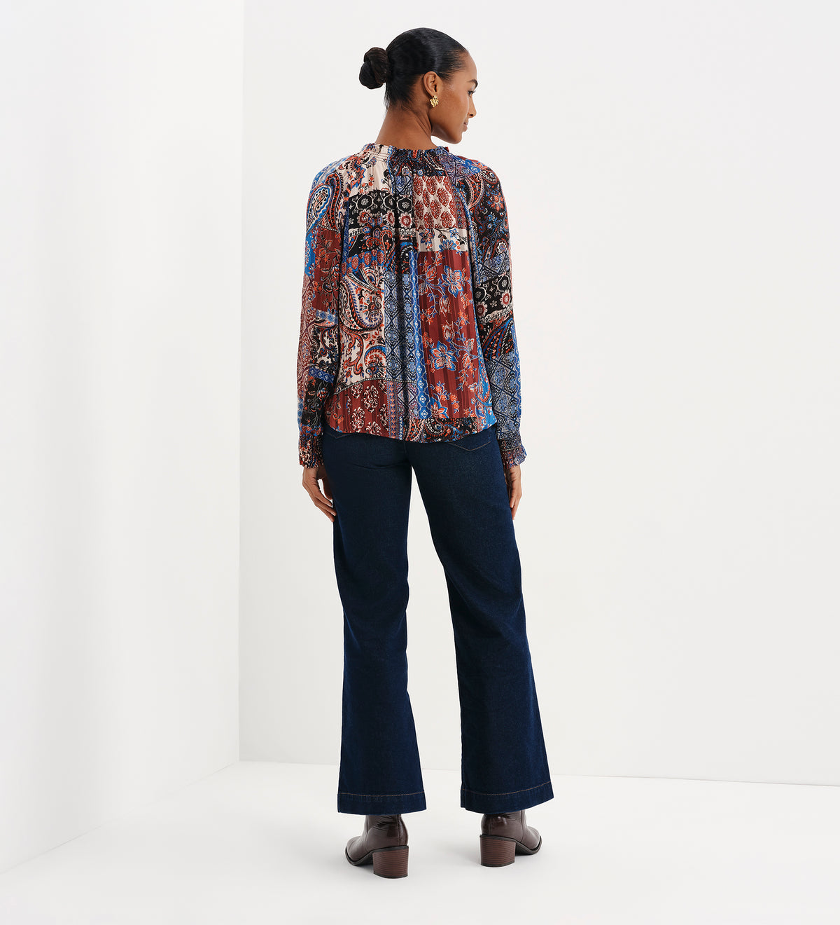 Harlow Burgundy Patchwork Paisley Satin Stripe Chiffon Tie Neck Blouse