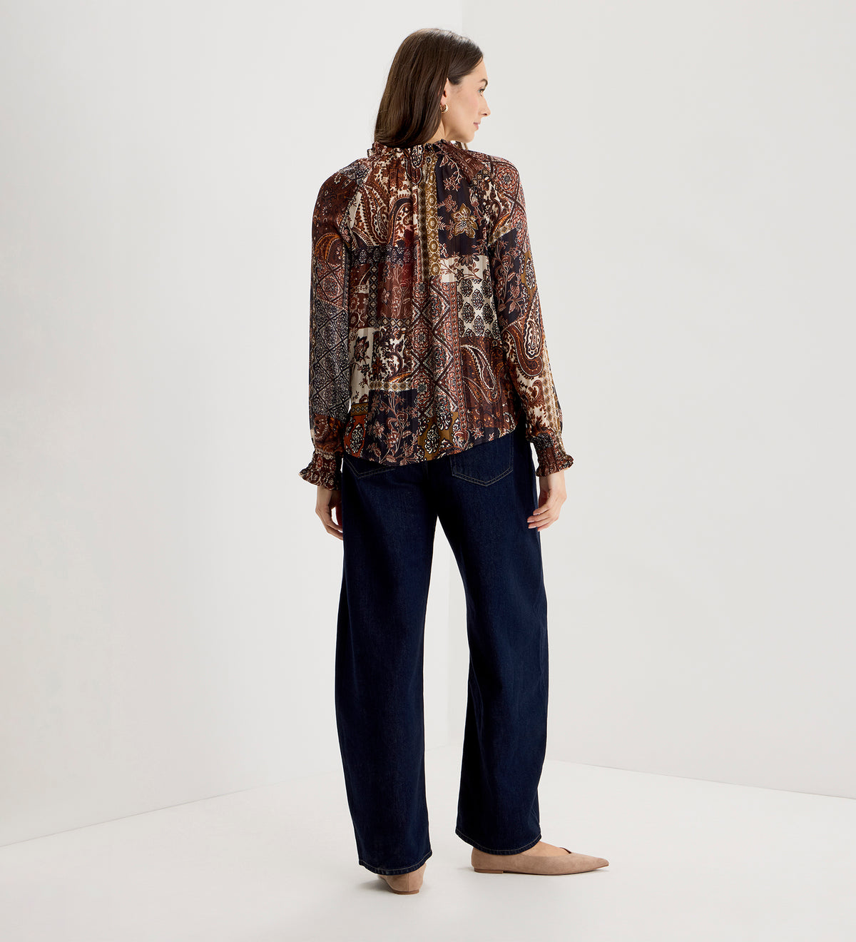 Harlow Brown Patchwork Paisley Satin Stripe Chiffon Tie Neck Blouse
