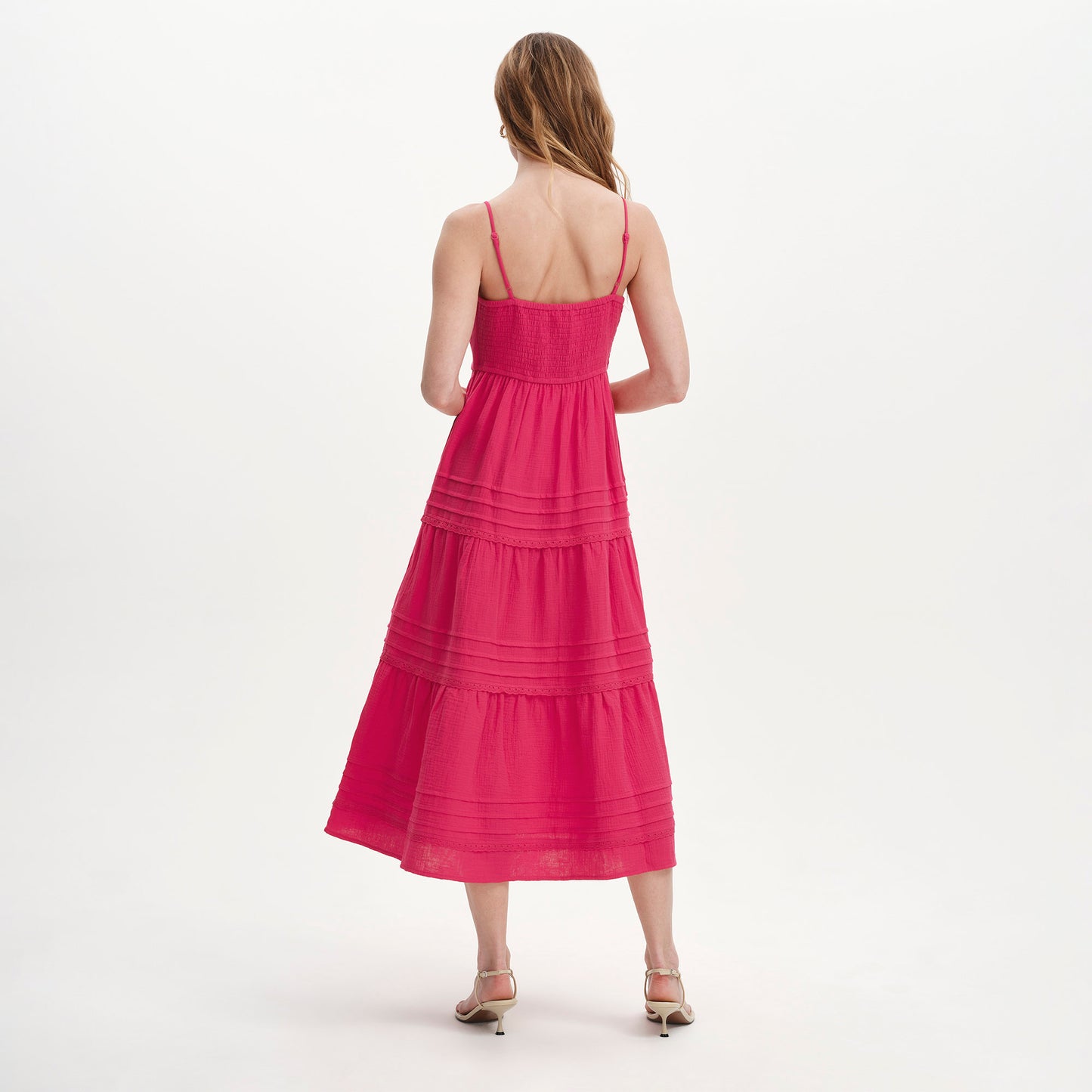Hazel Pink Cotton Lace Trim Tiered Midi Dress