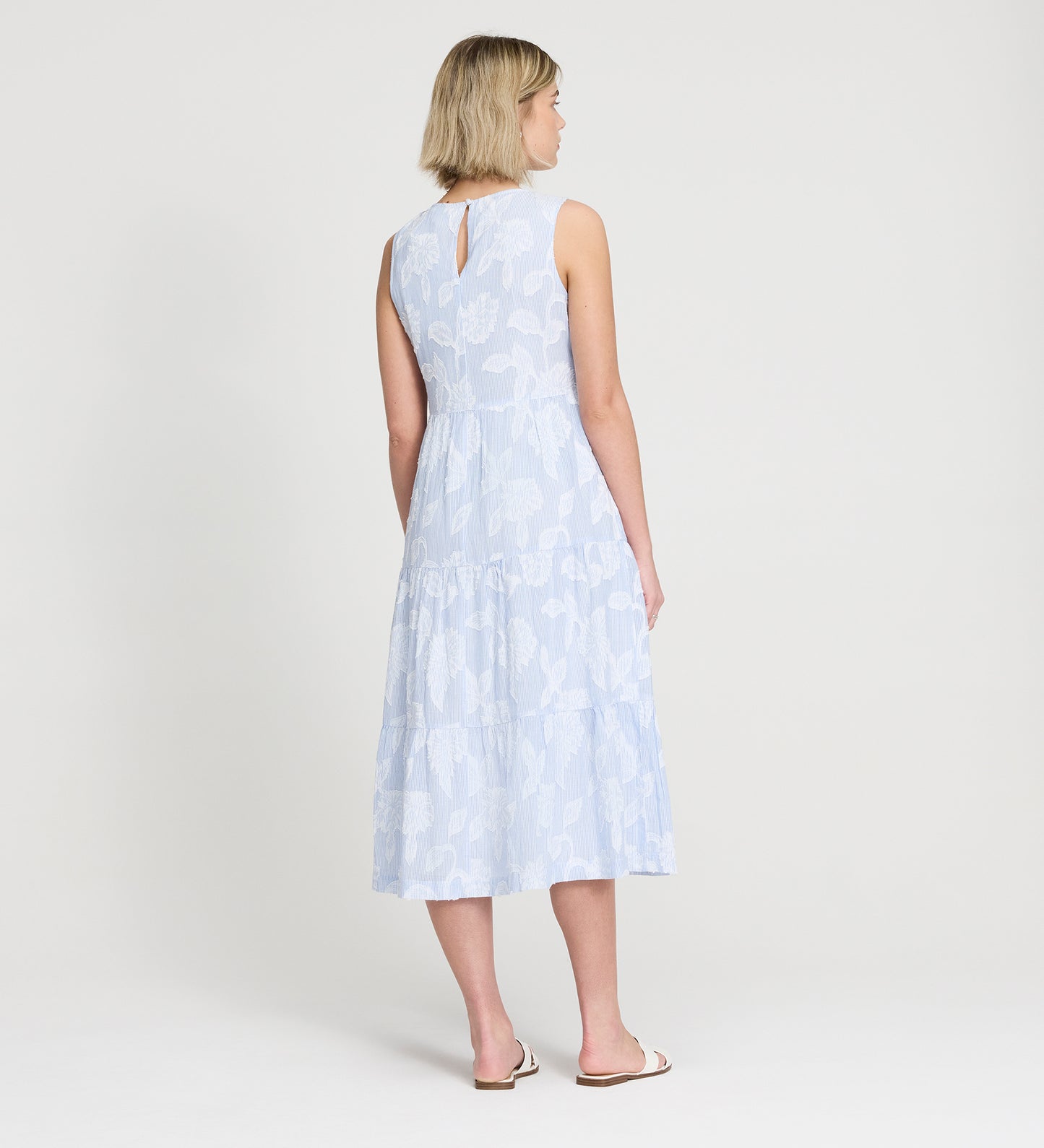 Hollie Blue Floral Jacquard Stripe Cotton Sleeveless Midi Dress