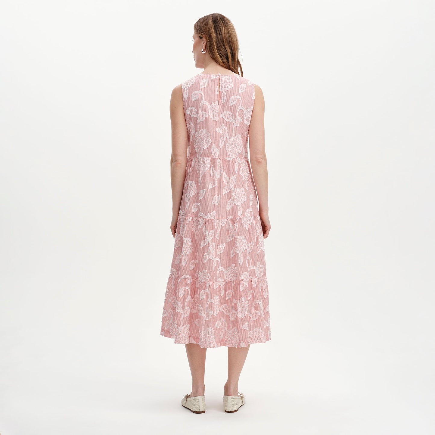 Hollie Red Floral Jacquard Stripe Cotton Sleeveless Midi Dress