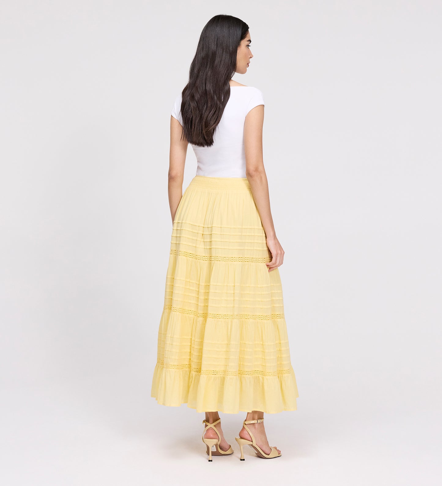 Imani Yellow Cotton Lace Tiered Midi Skirt