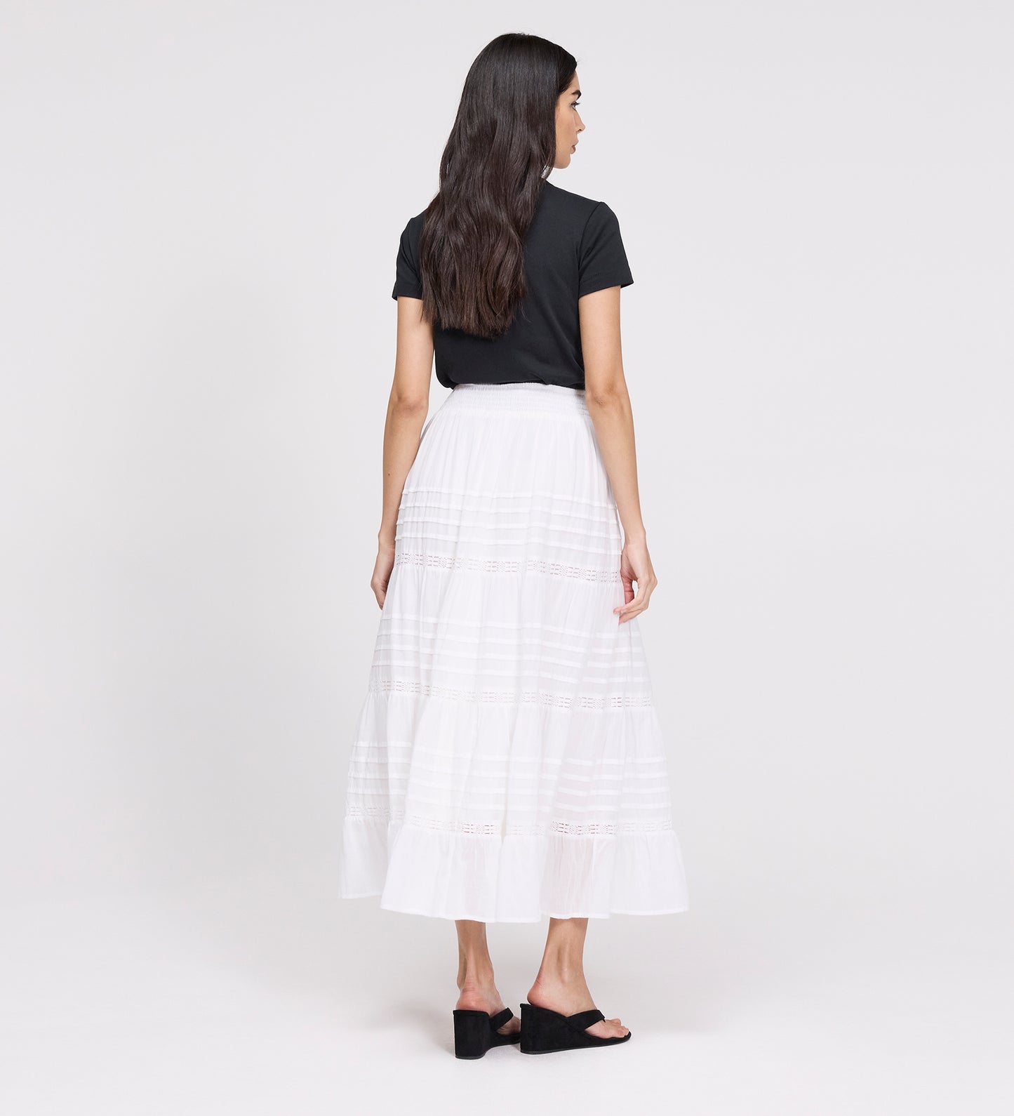 Imani White Cotton Lace Tiered Midi Skirt