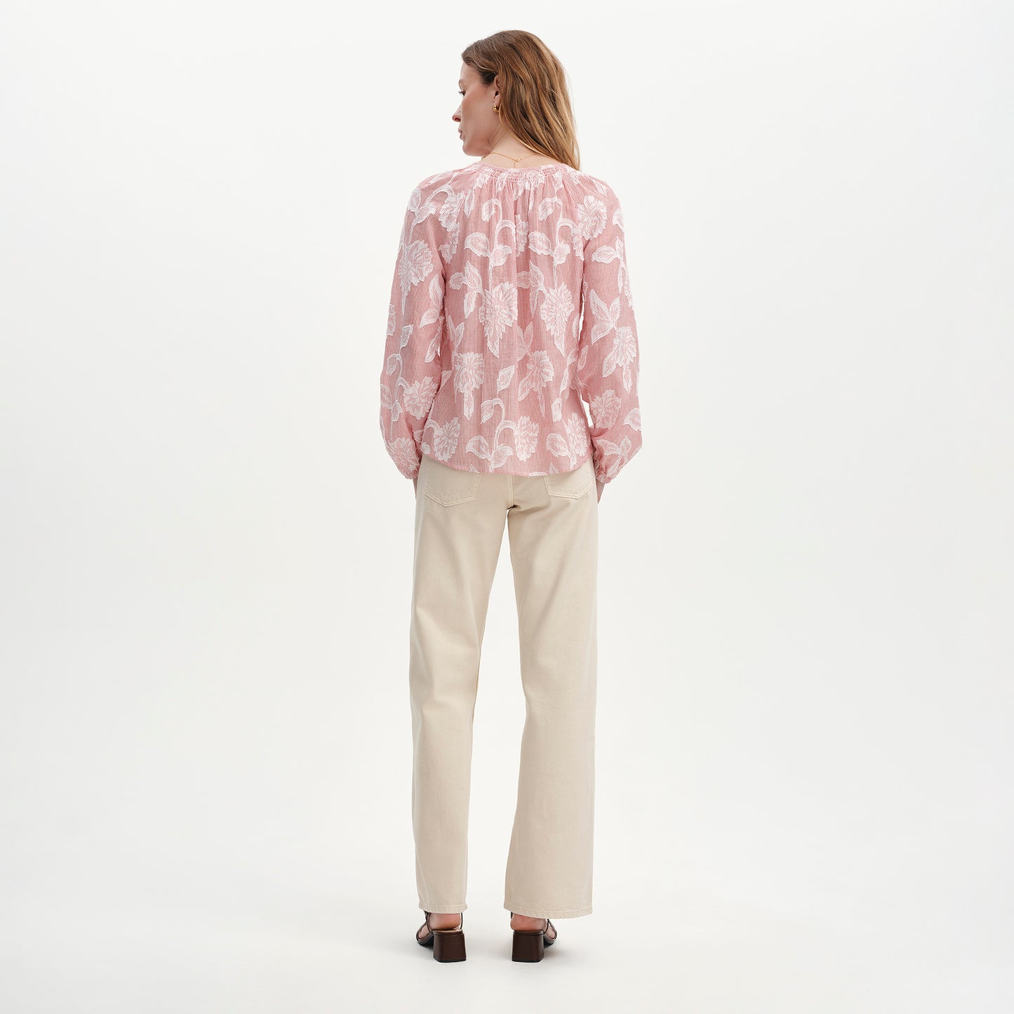 Ivie Red Floral Jacquard Stripe Button-Through Blouse