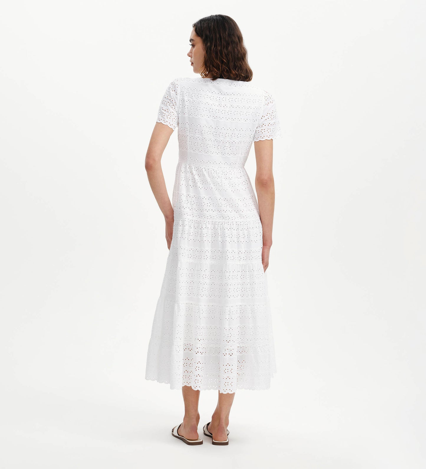 Jemma White Cotton Broderie Square Neck Tiered Midi Dress