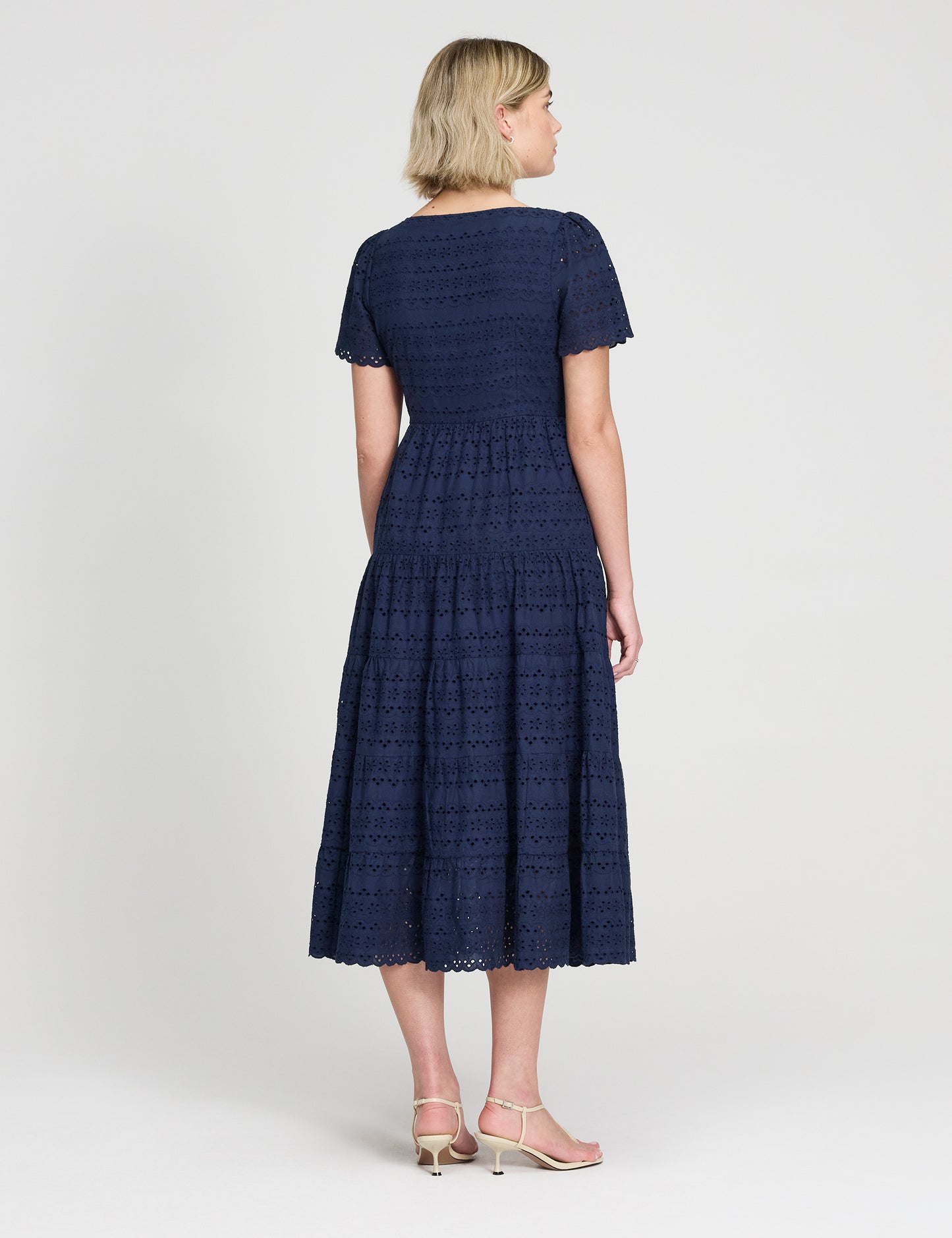 Jemma Navy Cotton Broderie Square Neck Tiered Midi Dress