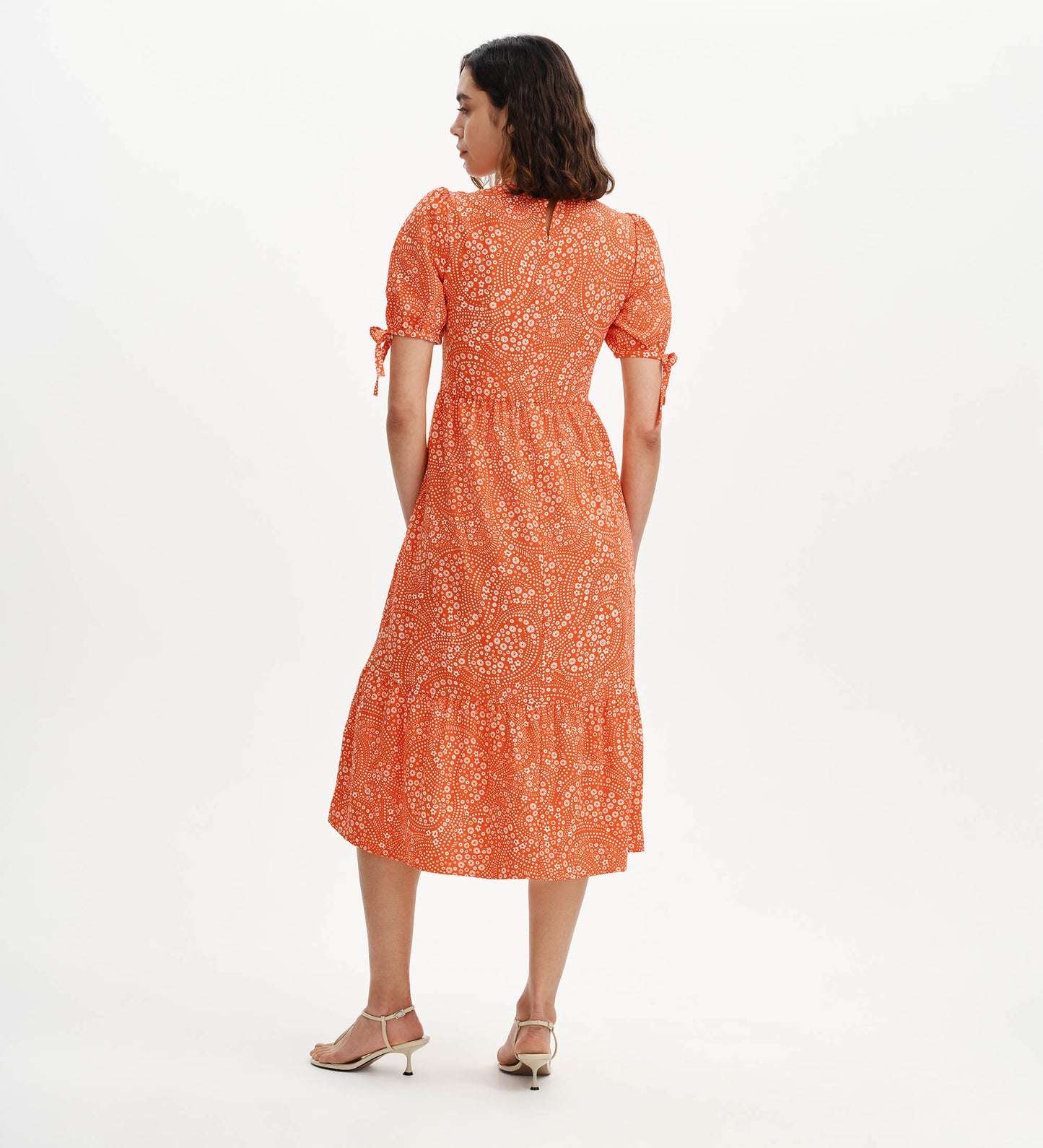 Jessa Red Flower Puff Sleeve Midi Tiered Dress