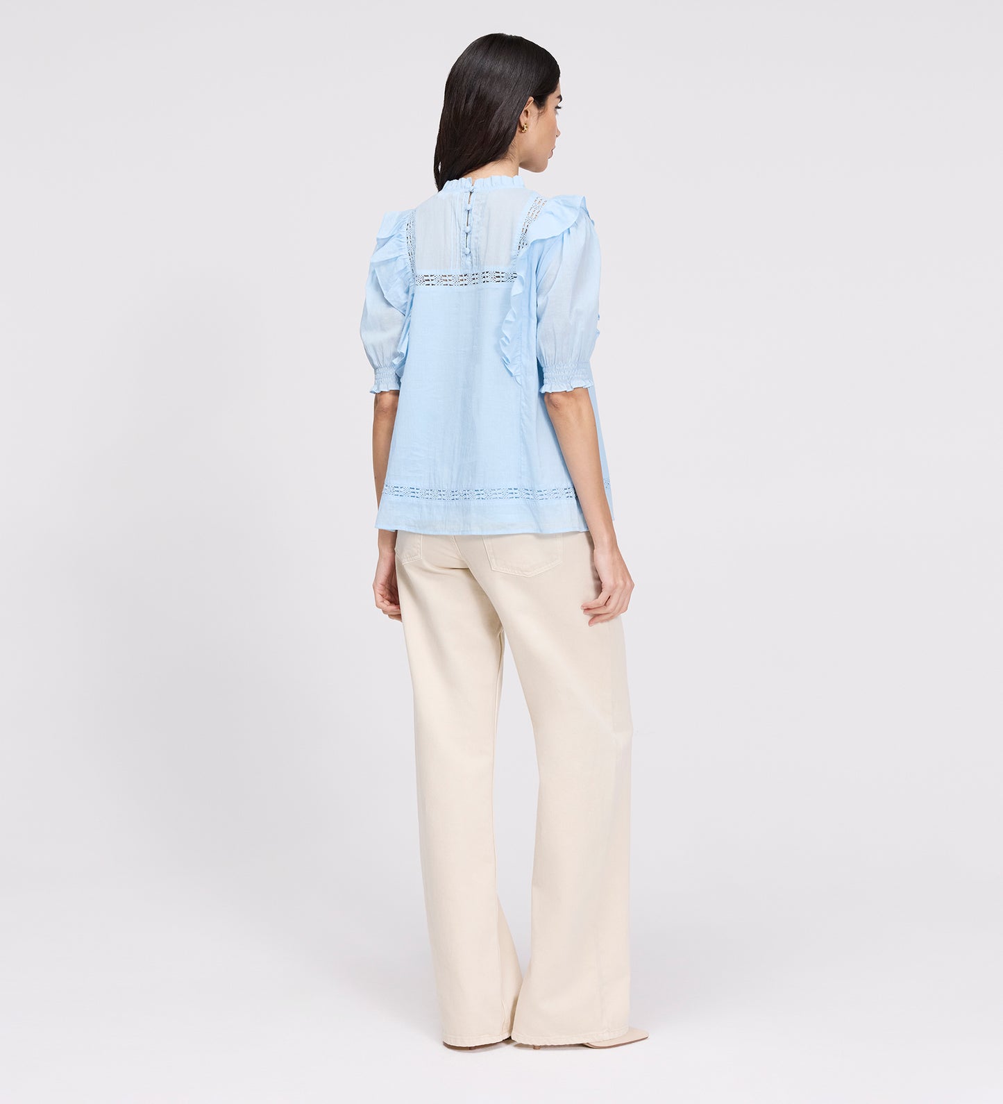 Jolin Pale Blue Lace Cotton Puff Sleeve Top