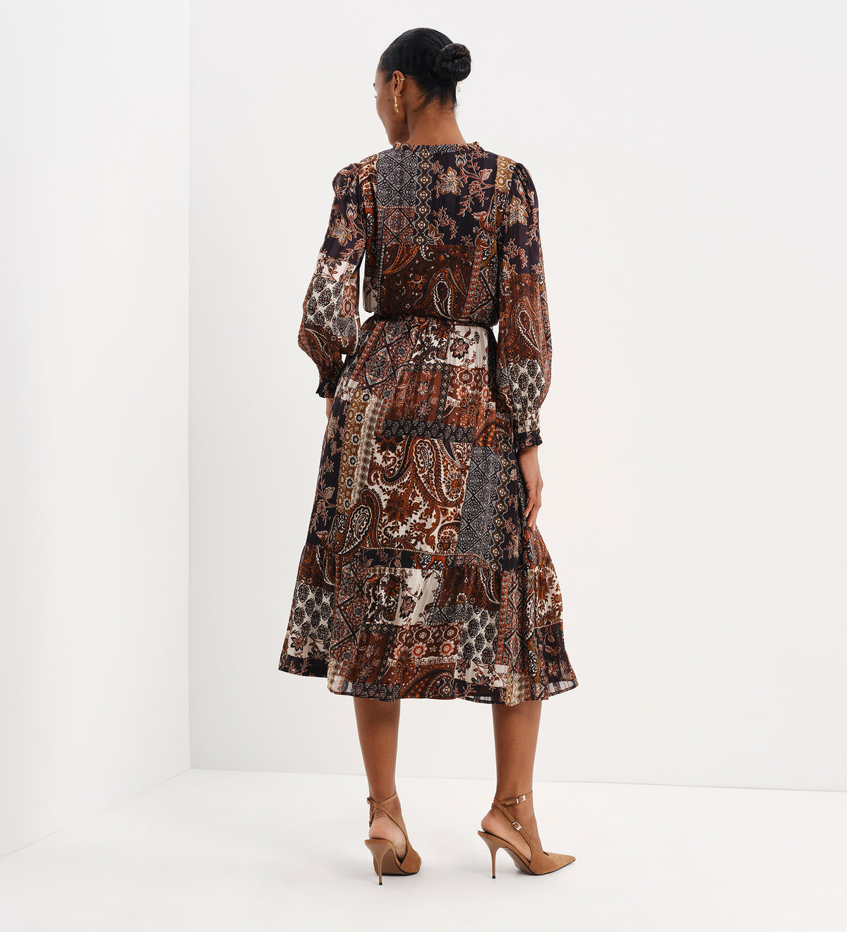 Kathleen Brown Patchwork Paisley Satin Stripe Chiffon Midi Dress
