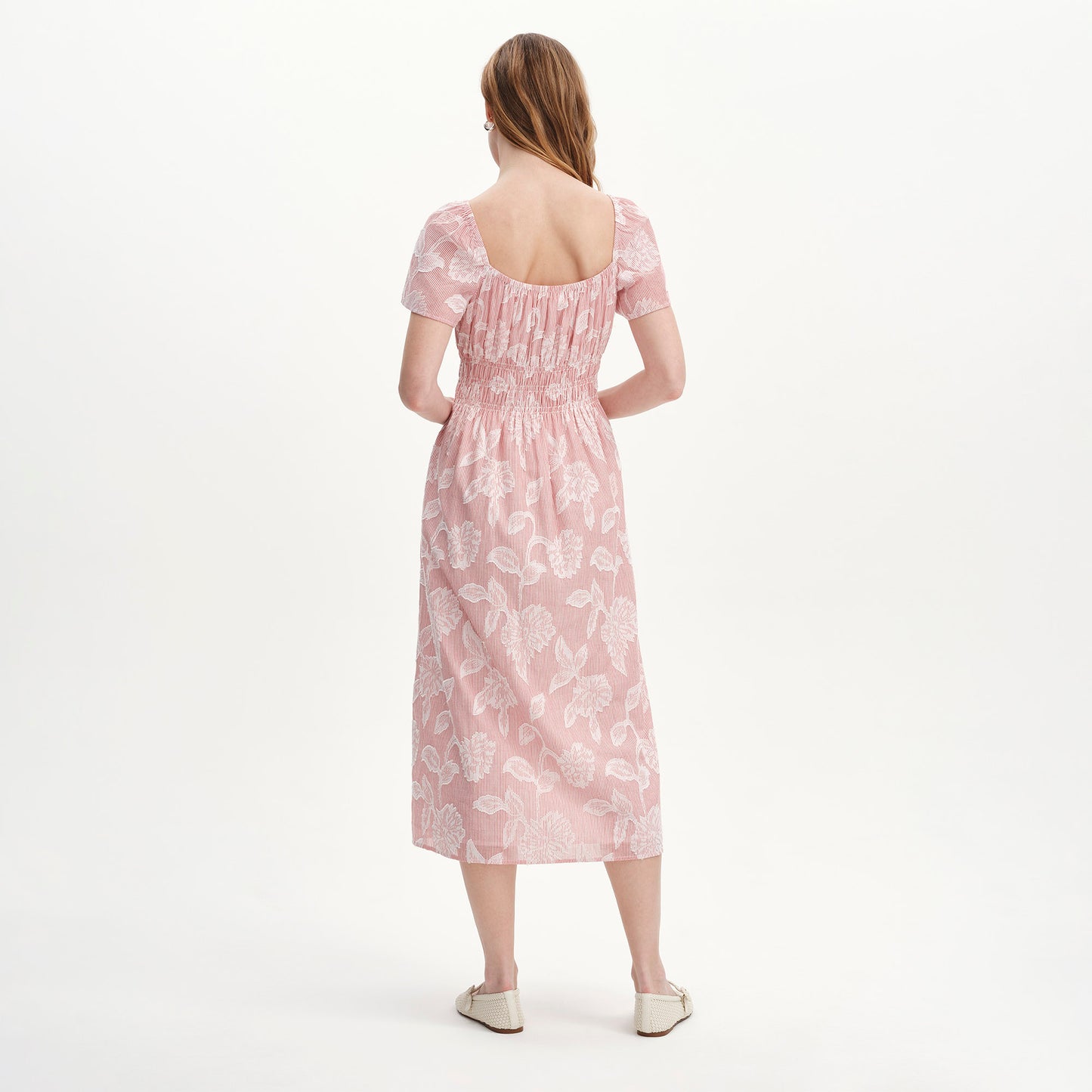 Maia Red Floral Jacquard Stripe Shirred Waist Midi Dress