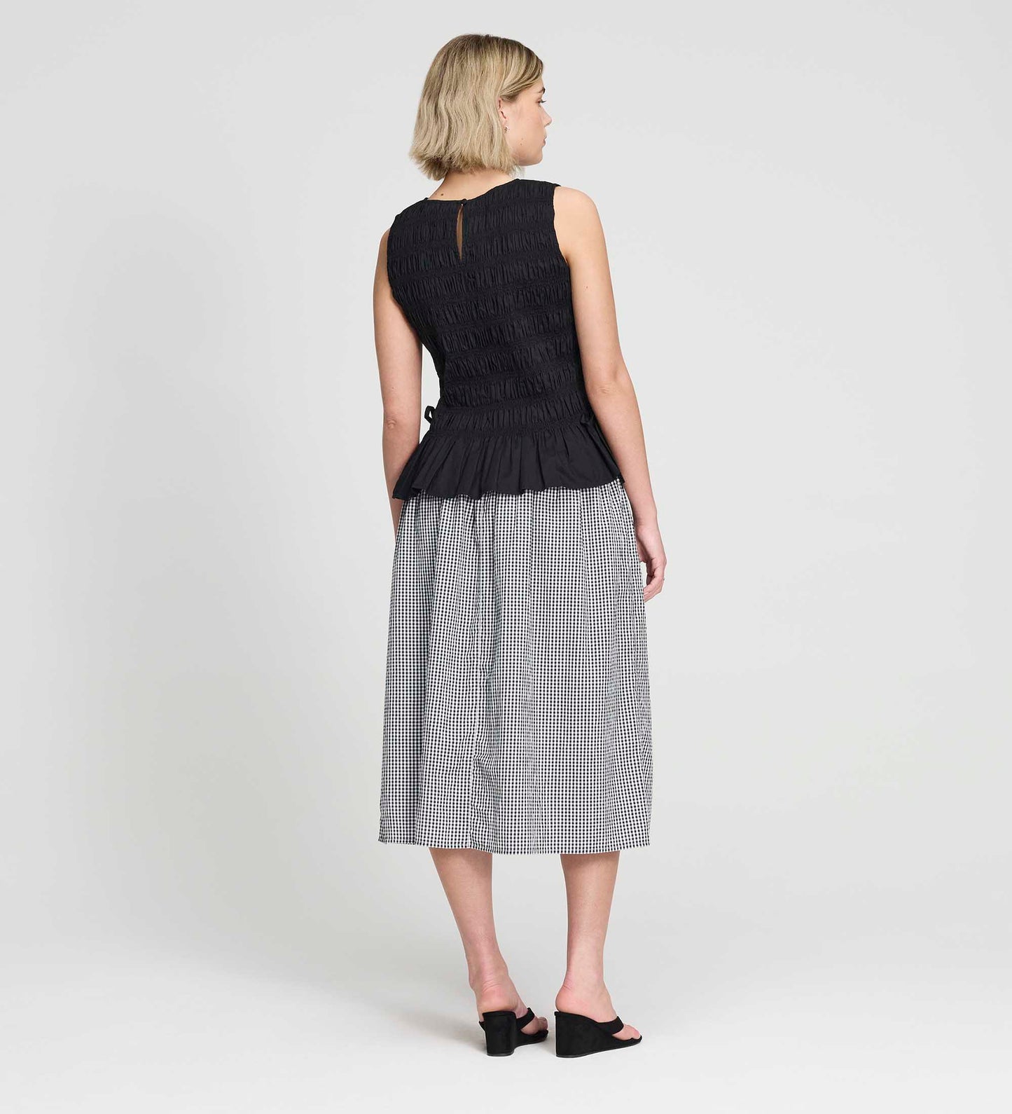 Malani Black Cotton Poplin Shirred Peplum Shell Top