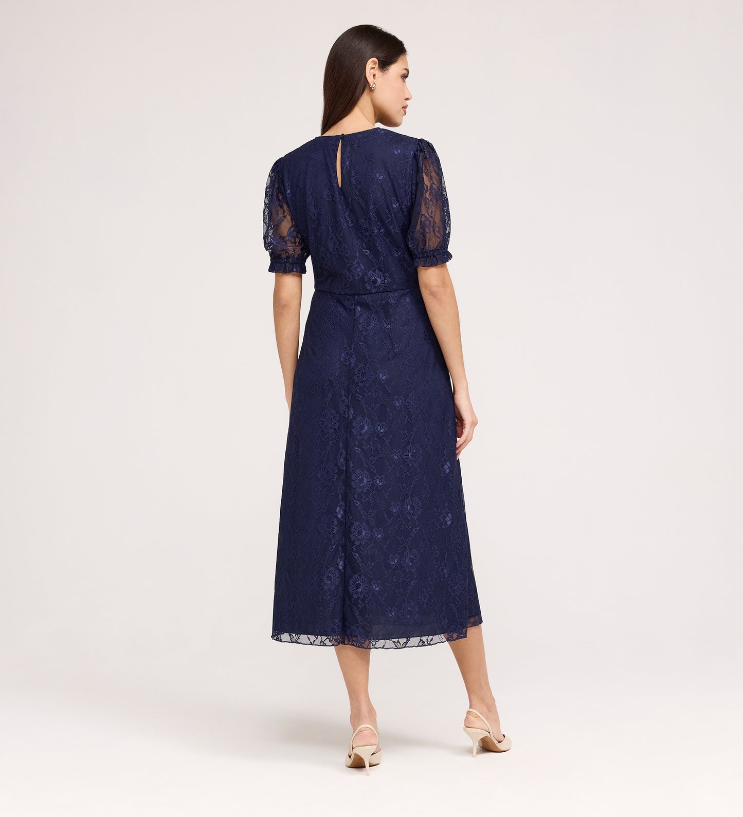 Mela Navy Lace Round Neck Puff Sleeve Midi Tea Dress