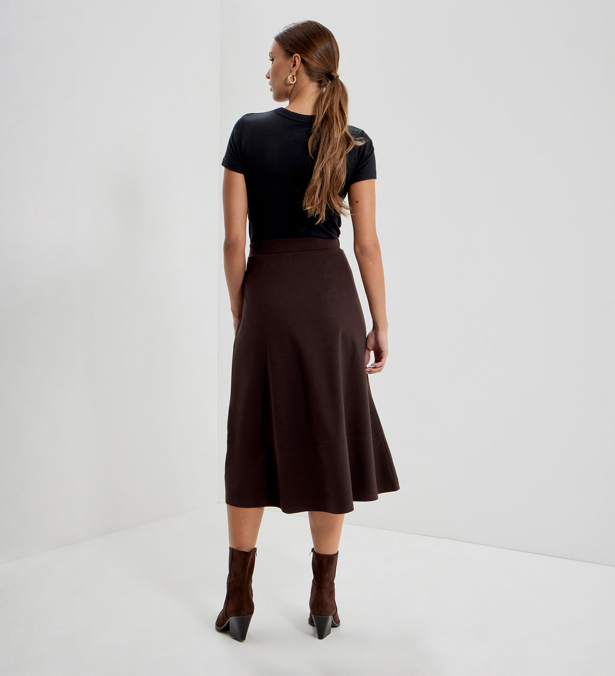 Mikia Chocolate Ponte Jersey Panelled A-Line Midi Skirt