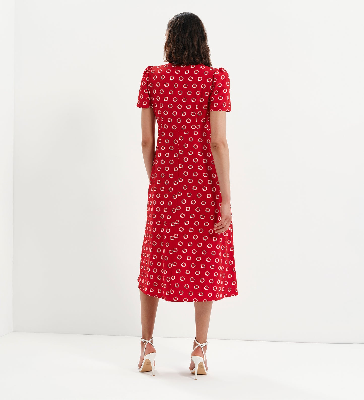 Nieve Red Polka Dot Empire Waist V-Neck Midi Dress