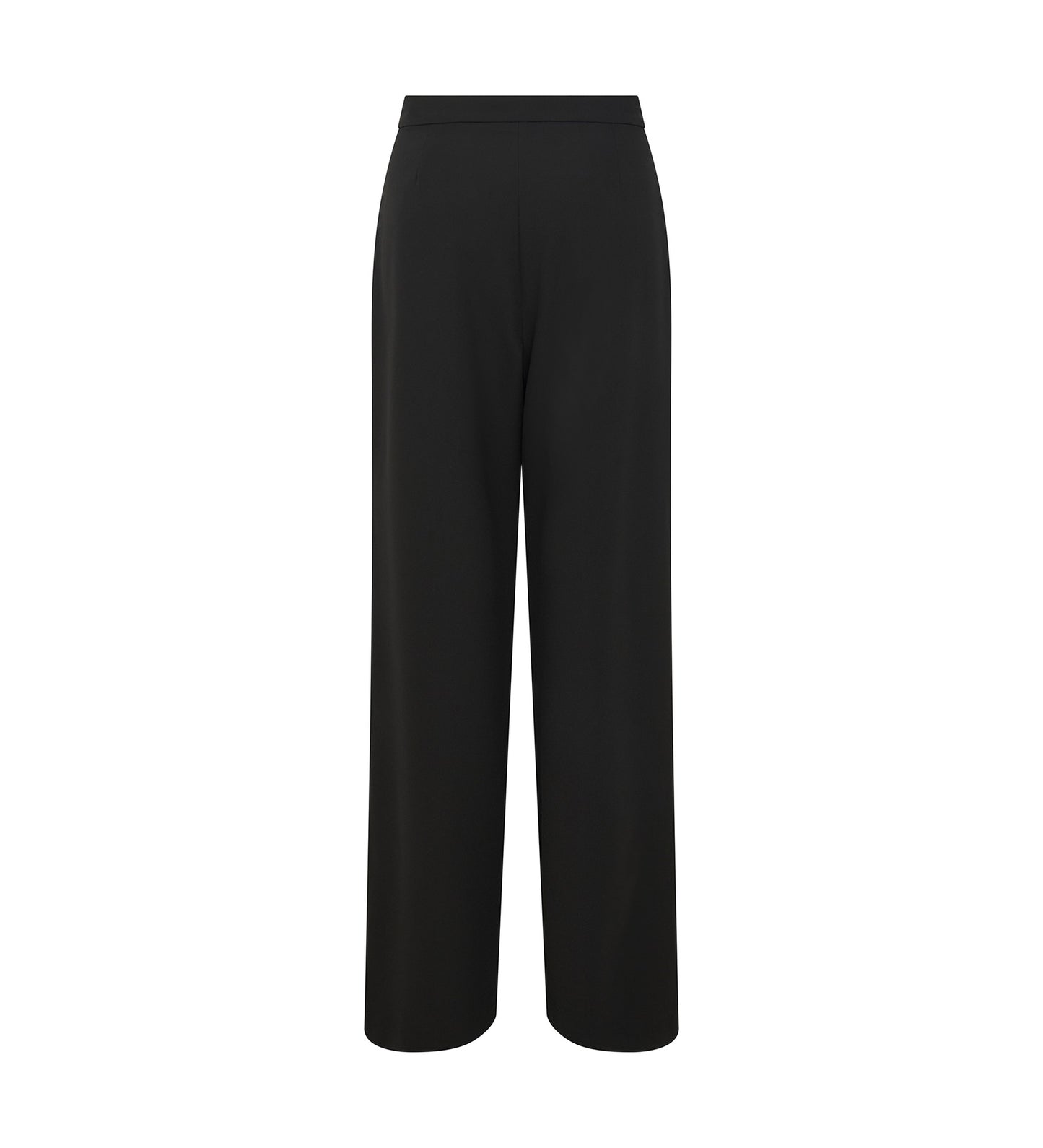 The Jeanne Black Trousers are shown from the front against a white background, featuring a high waist, wide straight legs, and functional pockets for convenience.