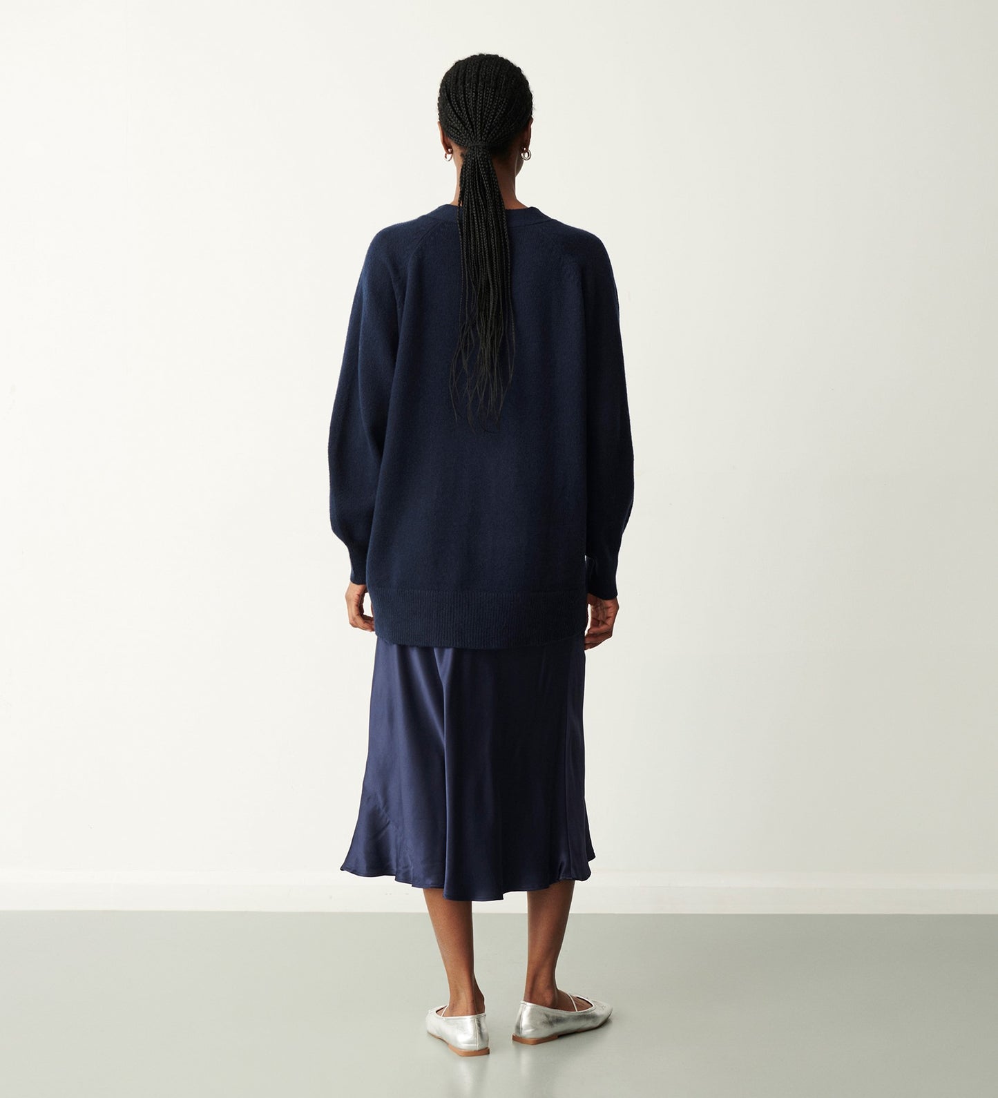 Evelyn Navy Satin Midi Skirt