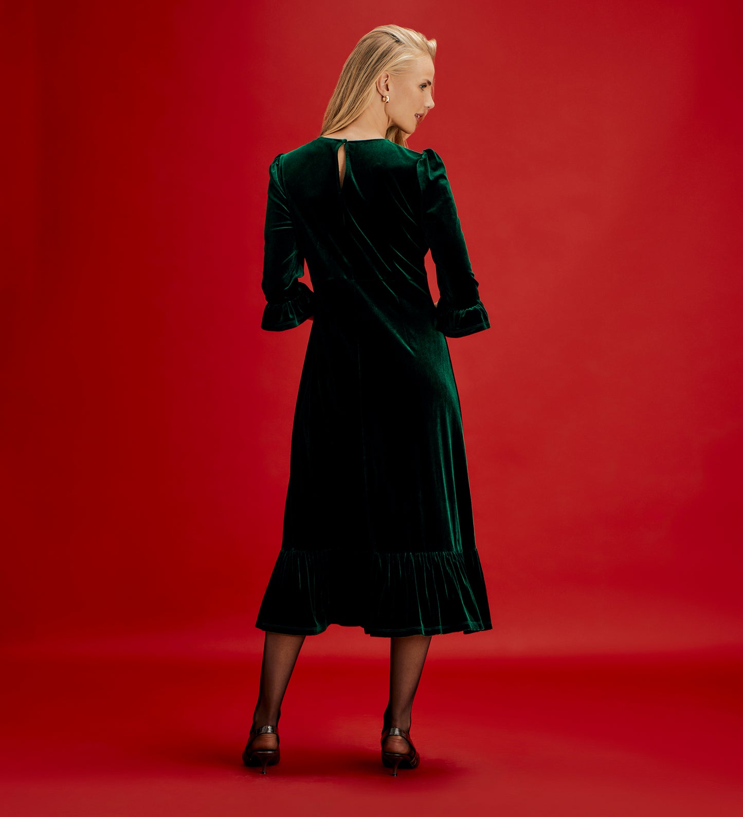 Scarlett Bottle Green Velvet Ruffle Cuff Tiered Midi Dress