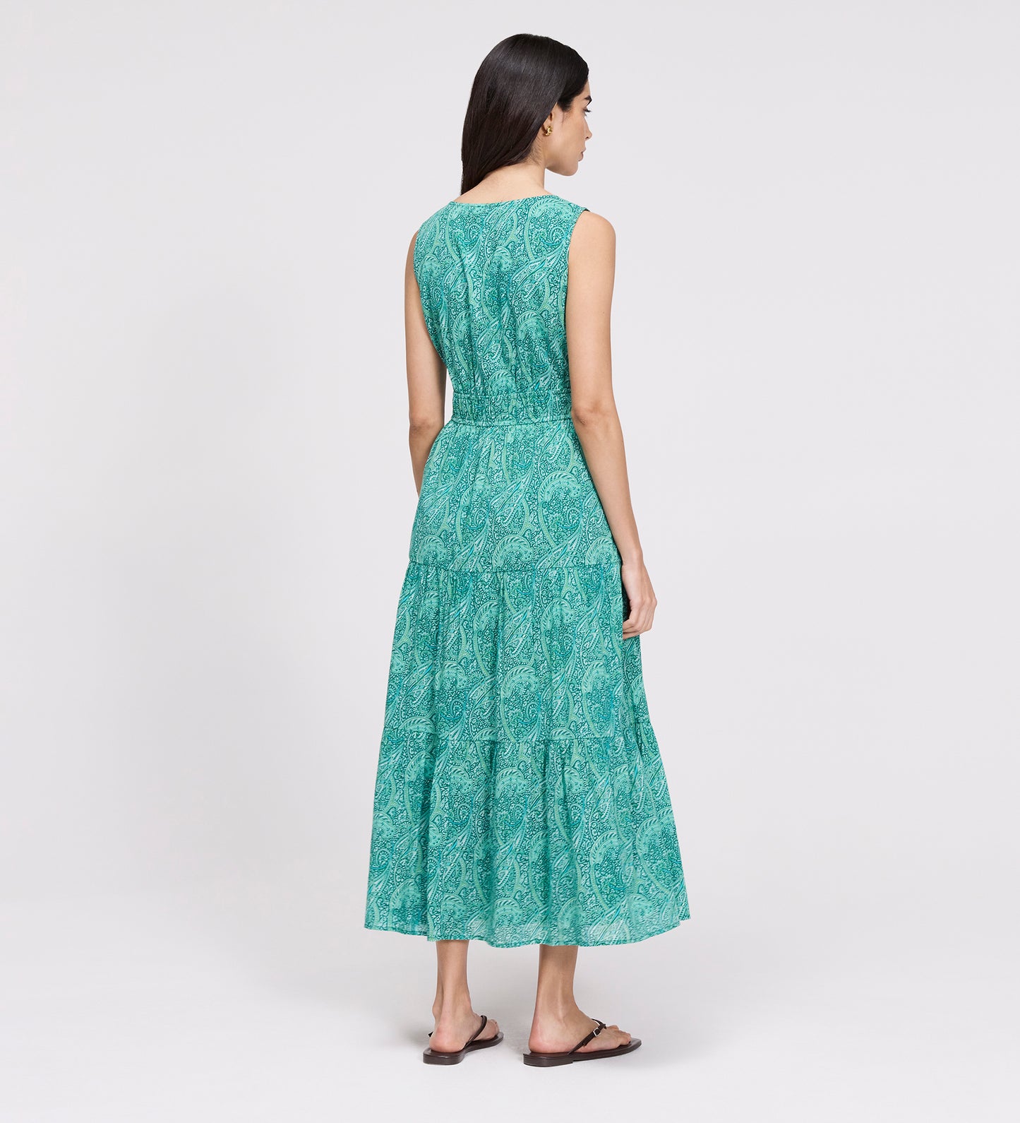 Shannon Green Paisley Cotton Voile Tiered Midi Dress