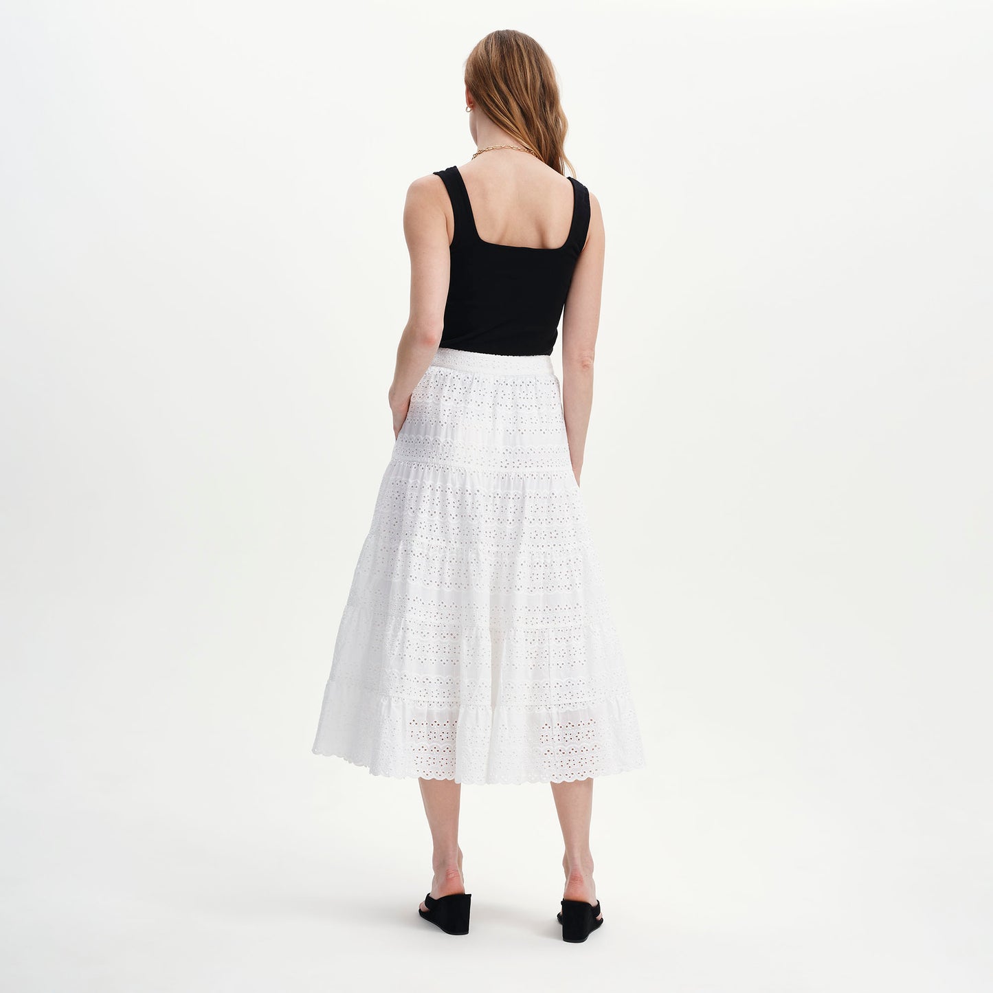 Siobhan White Cotton Broderie Tiered Midi Skirt