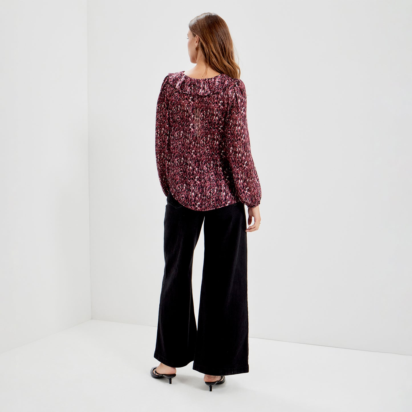 Trinity Burgundy Abstract Animal Chiffon Ruffle Neck Blouse