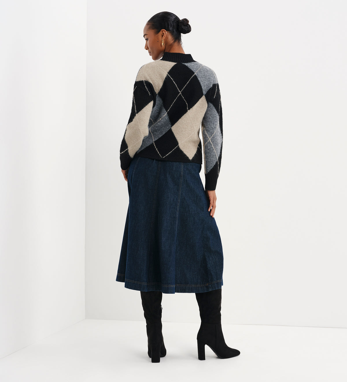 Veda Black Argyle Wool Blend High Neck Jumper