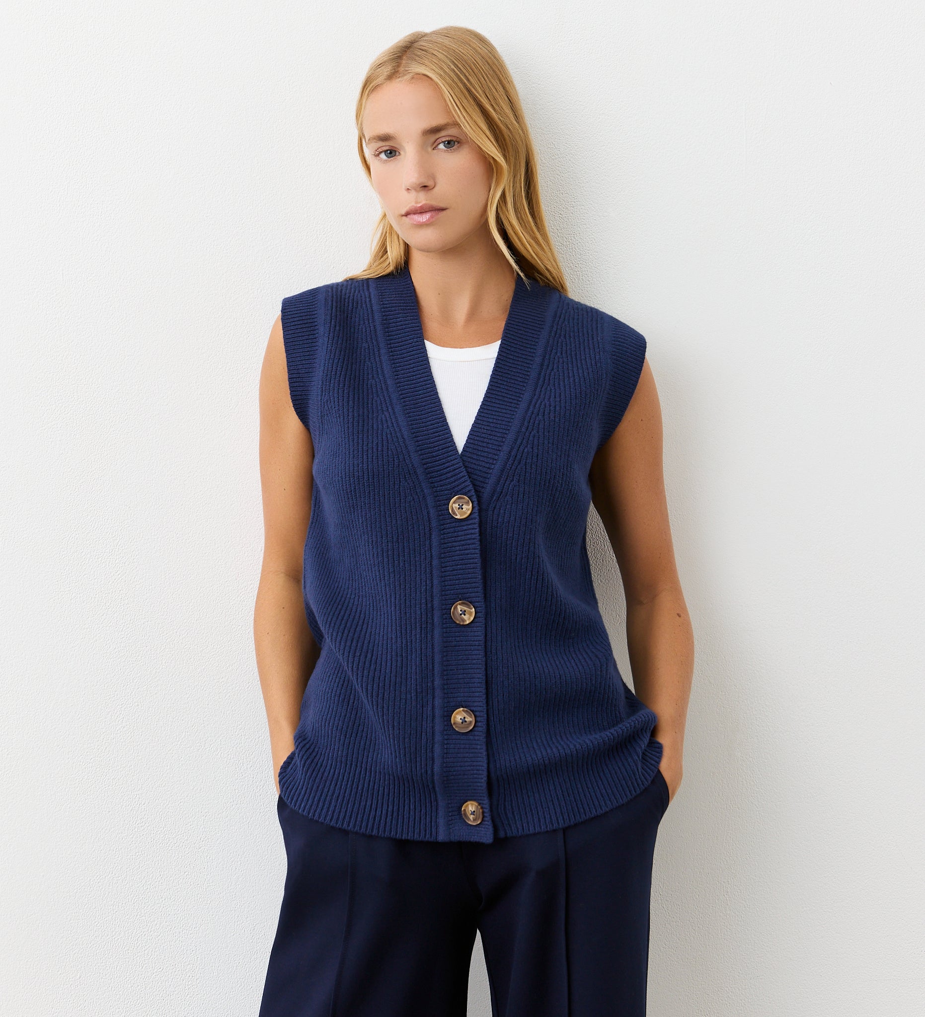 Winnie Navy Sleeveless Cardigan – Finery London