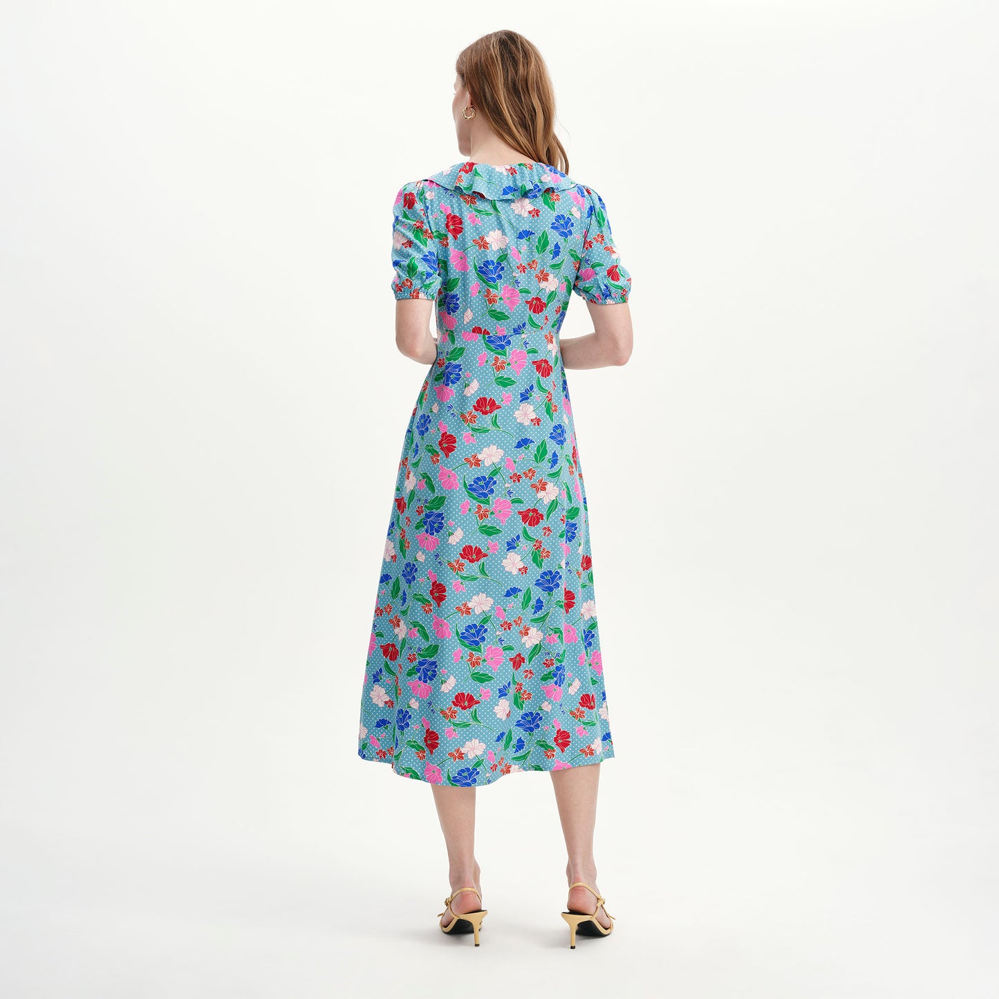 Zeffira Blue Floral Frill Collar Puff Sleeve Midi Dress