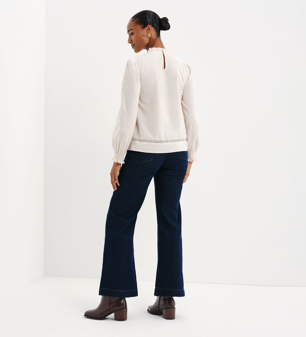 Alicia Ivory Corduroy Lace Trim Pintuck Top