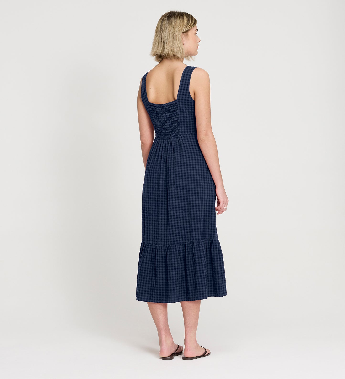 Cara Navy Gingham Seersucker Tiered Midi Dress