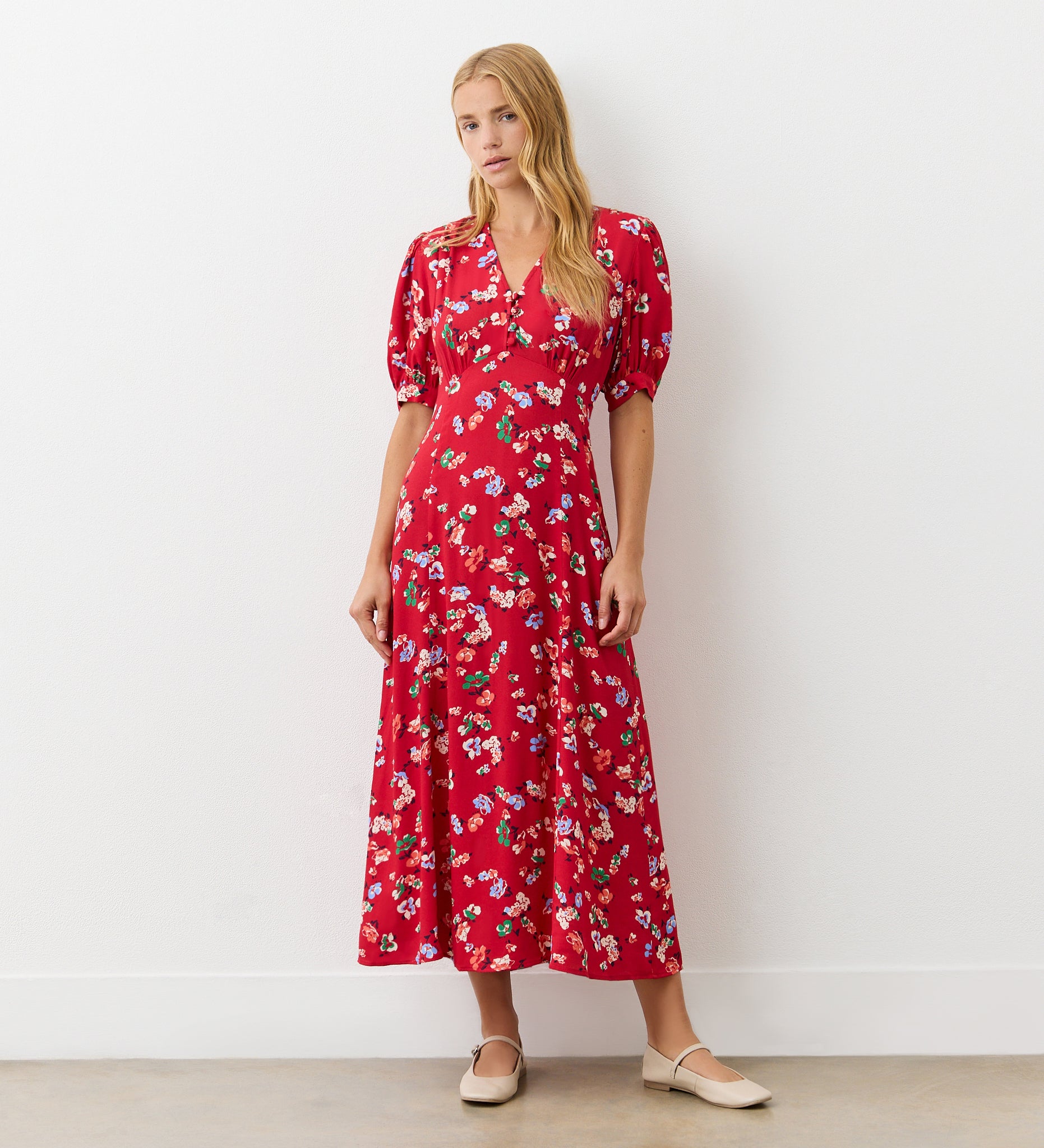 Colette Red Floral Crepe Midi Tea Dress – Finery London