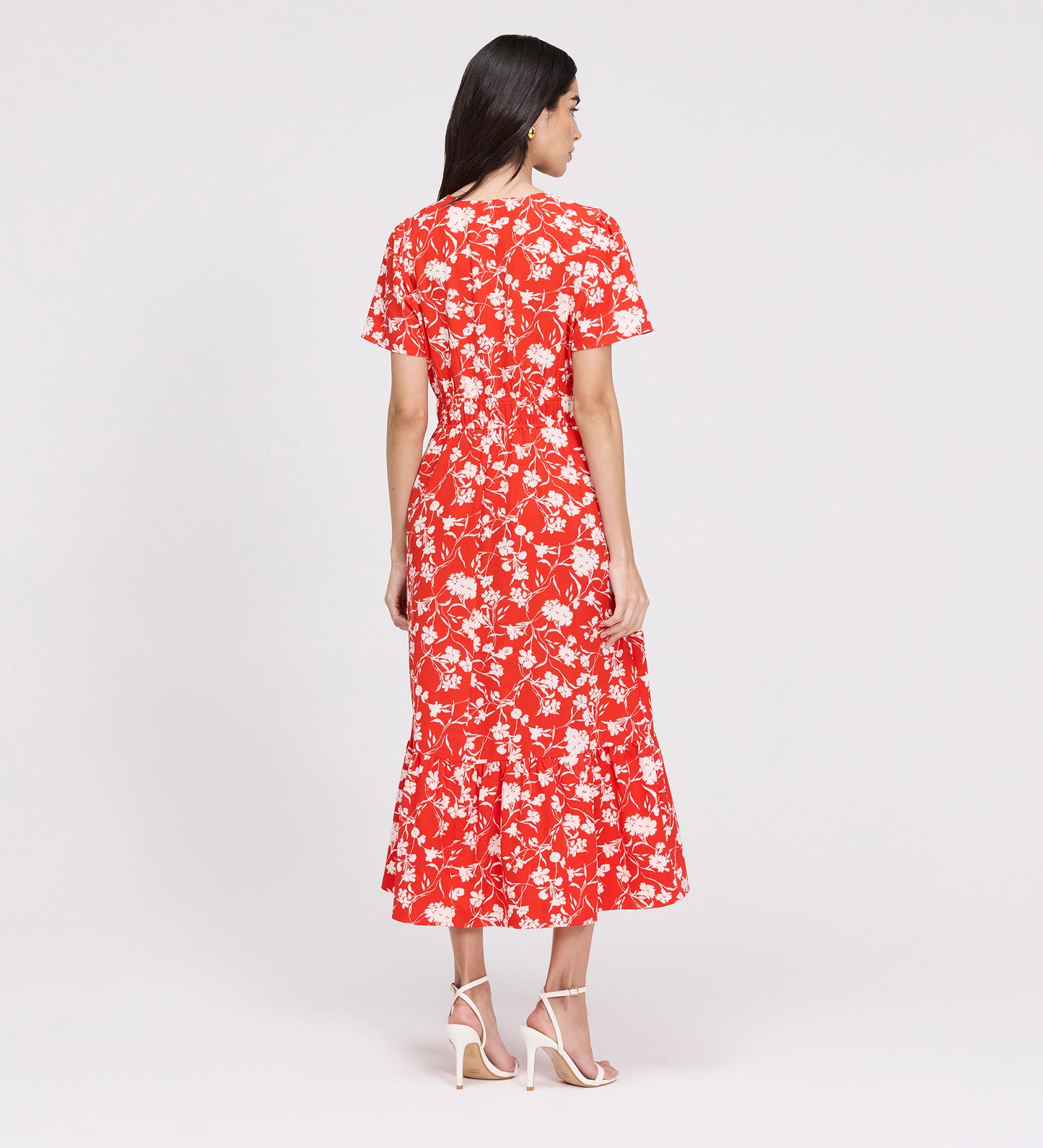 Deena Red Floral Wrap Tiered Midi Dress